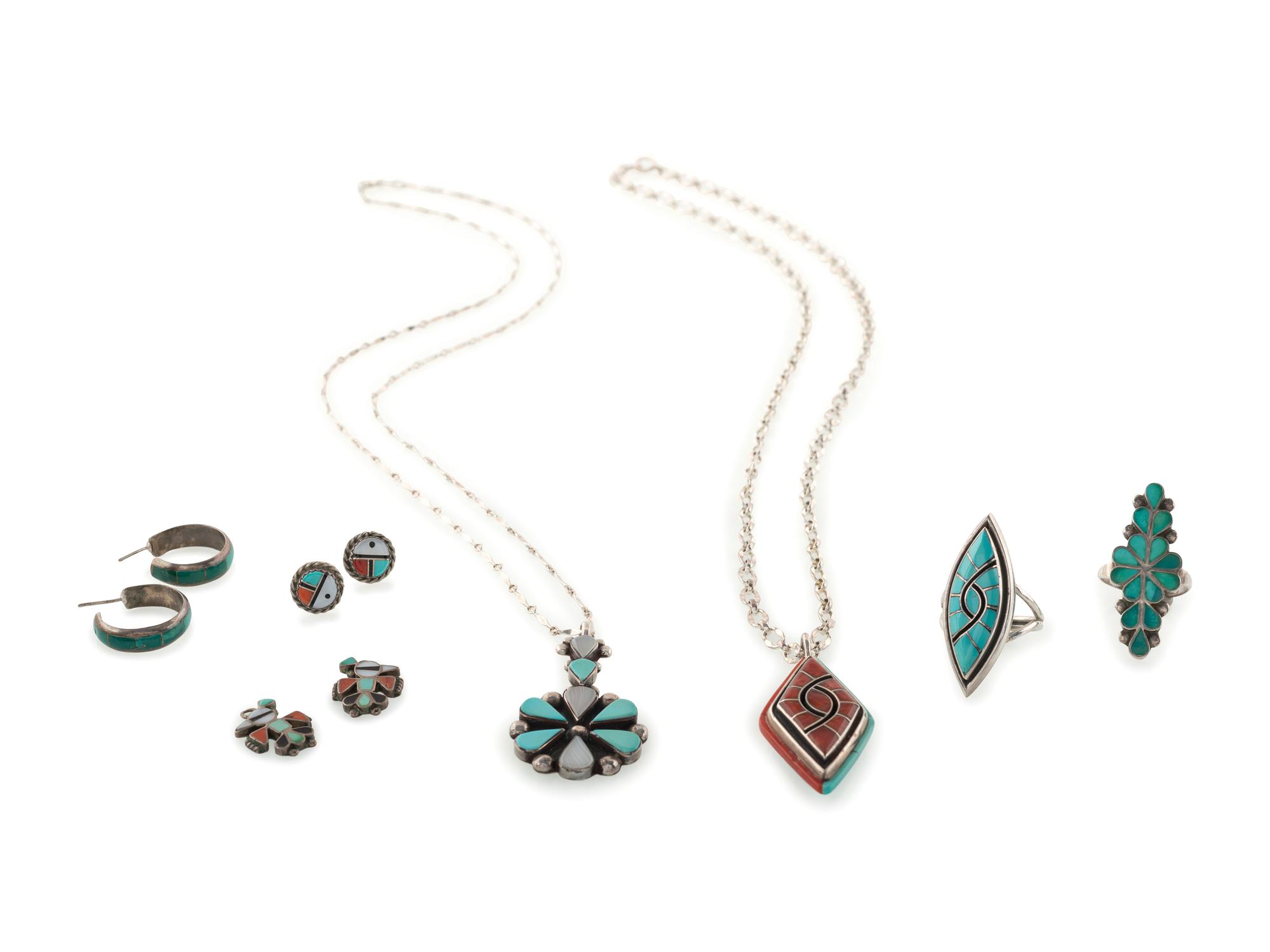 Zuni Silver and Inlay Pendants, Rings, AND Earrings