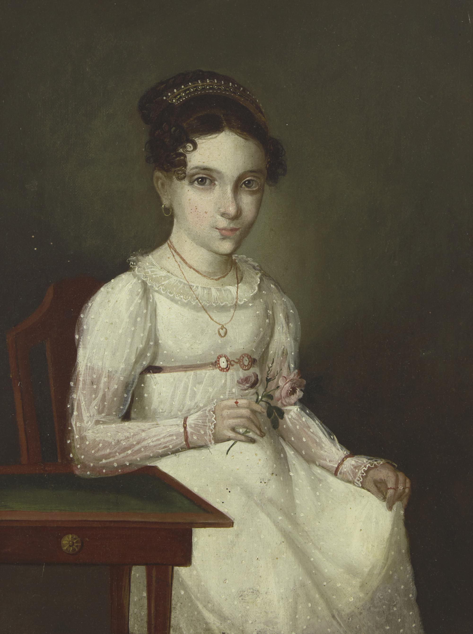 American School 19th Century, Portrait of a Young Lady Identified as Miss Altmayer of Mobile, AL , Circa 1815
