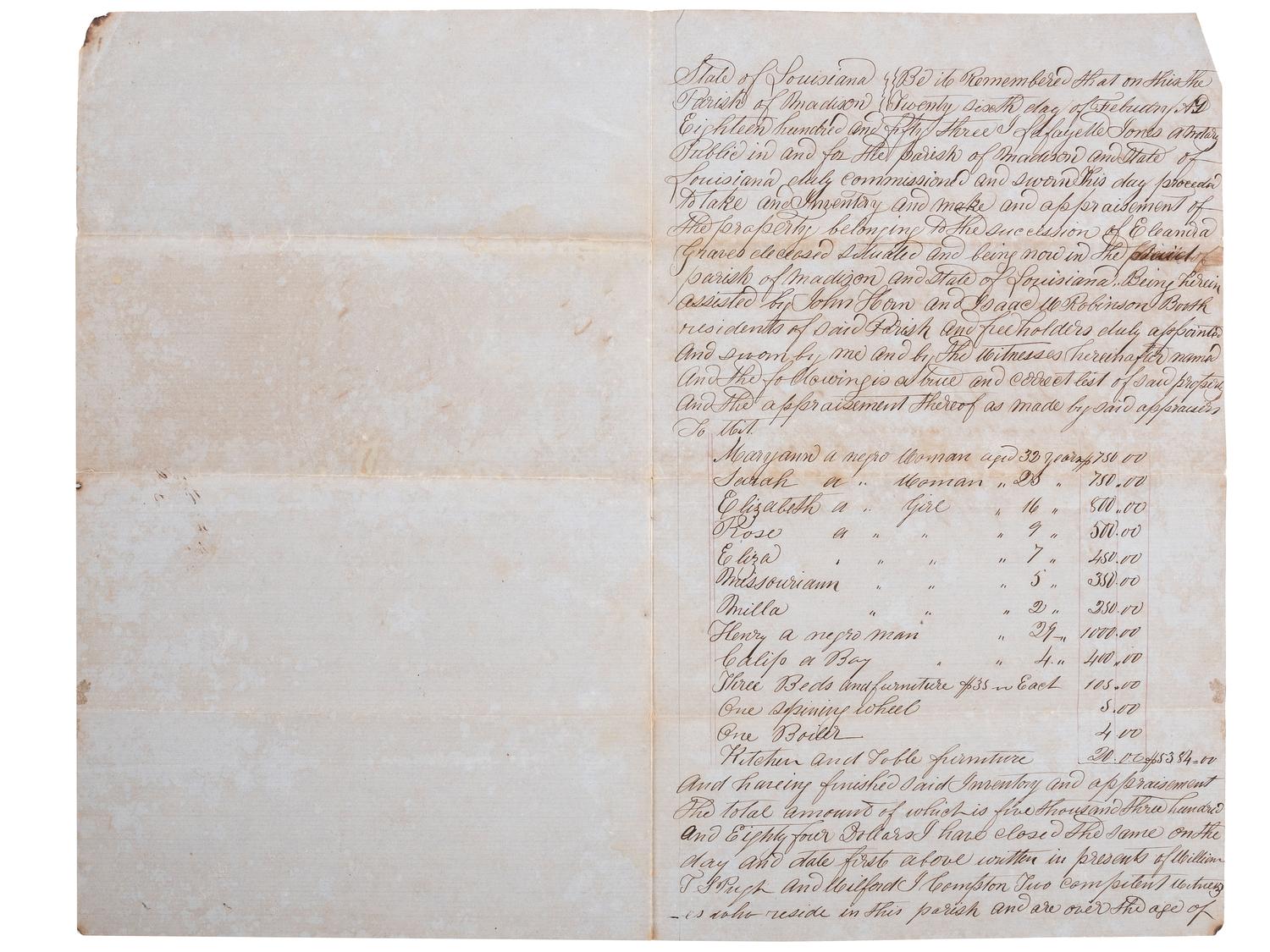 [SLAVERY & ABOLITION]. A group of 2 documents related to the enslavement of individuals in Louisiana, comprising: