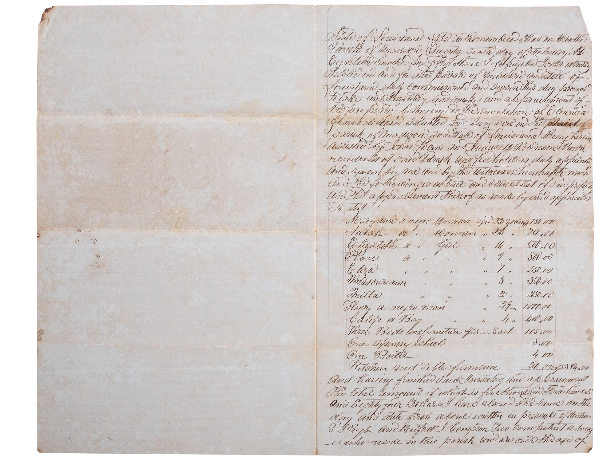 [SLAVERY & ABOLITION]. A group of 2 documents related to the enslavement of individuals in Louisiana, comprising:
