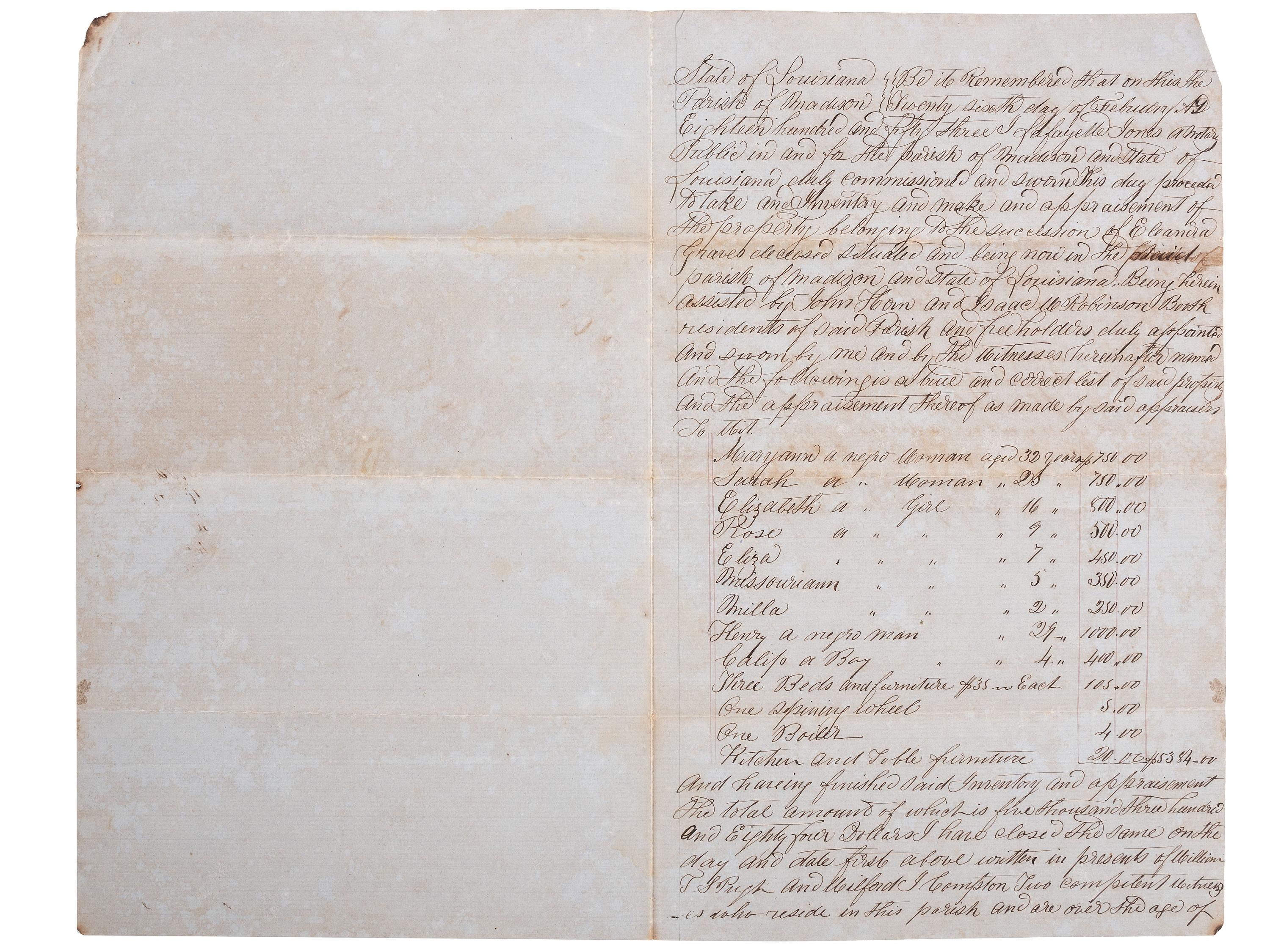 [SLAVERY & ABOLITION]. A group of 2 documents related to the enslavement of individuals in Louisiana, comprising: