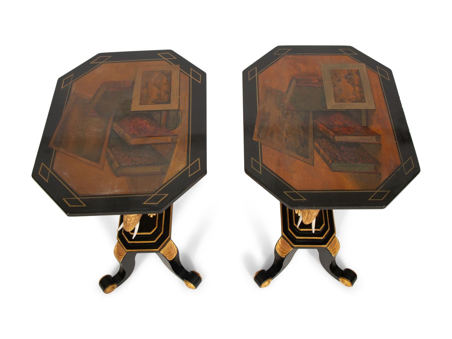 A Pair of Painted and Parcel Gilt Ebonized Side Tables