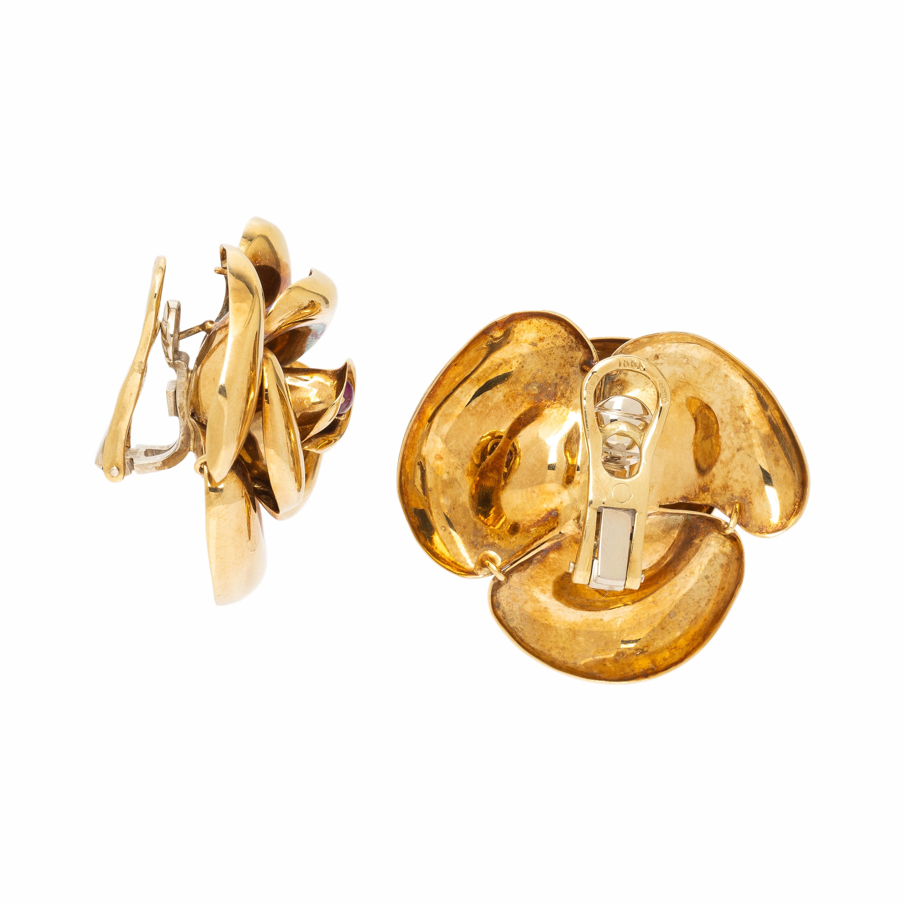 Ruby and Yellow Gold Flower Earrings