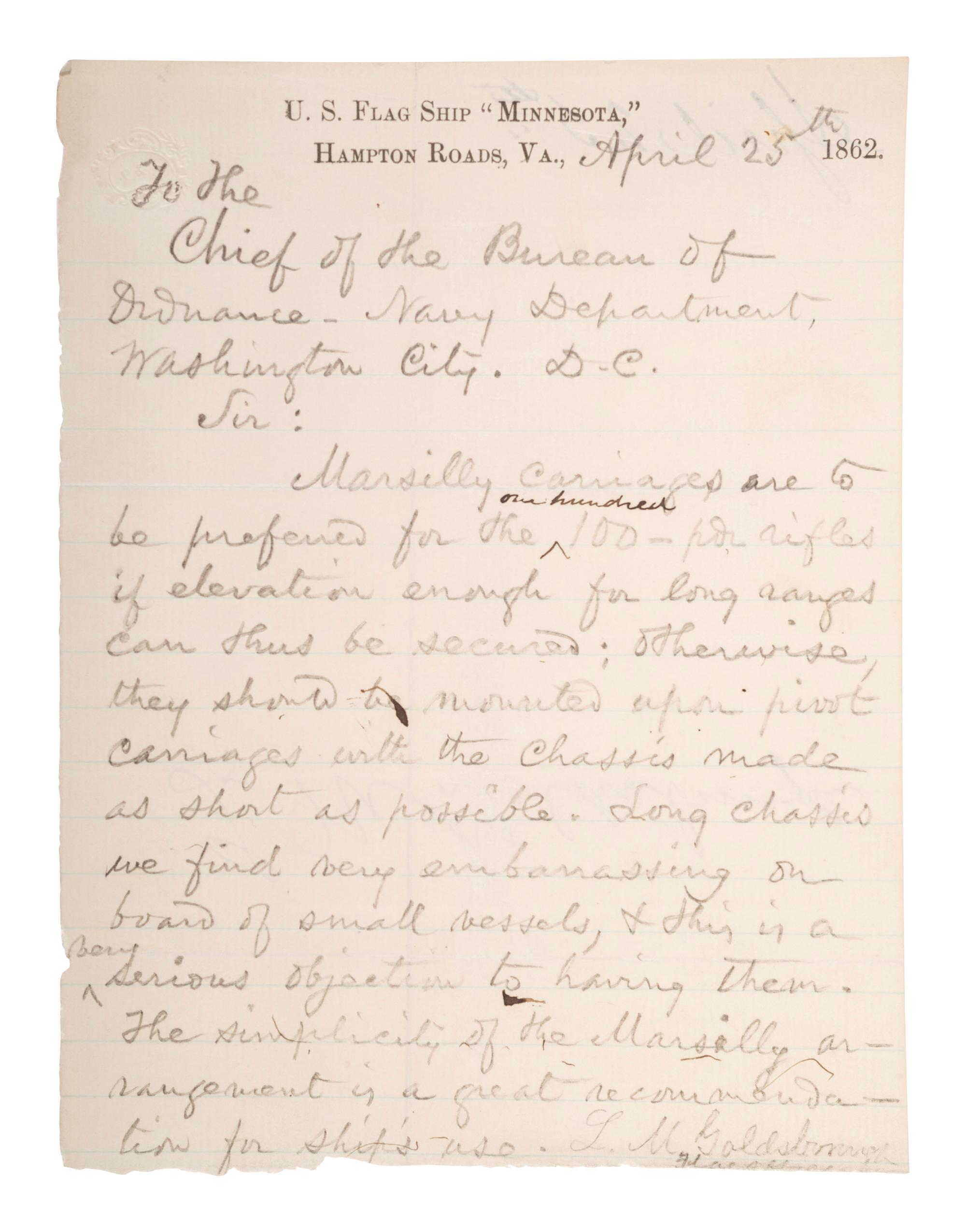 [CIVIL WAR - NAVY]. A group of documents related to artillery, mechanics, and gunboat specifications, including: