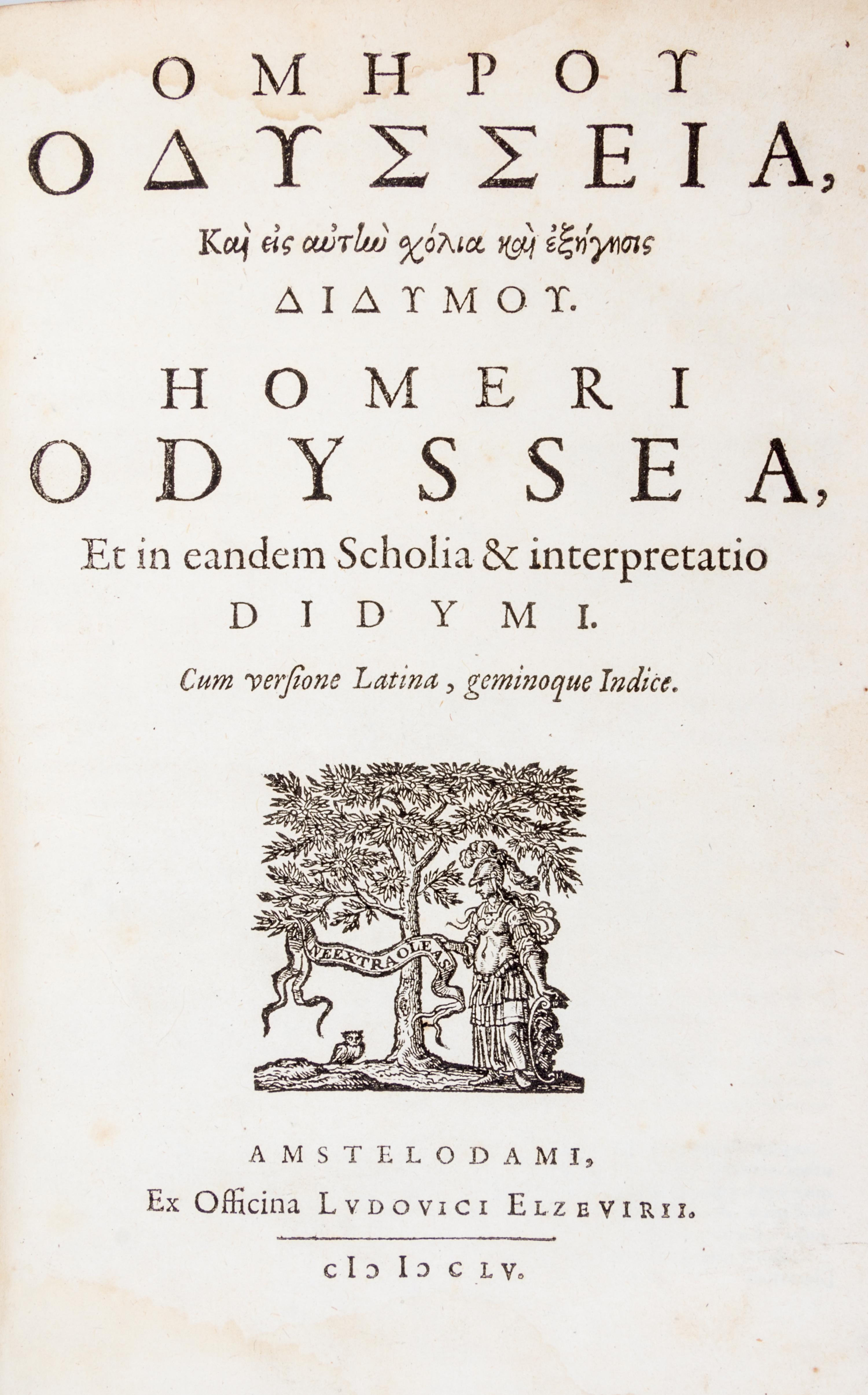 (HOMER) SCHREVEL, CORNELIUS. Ilias & Odyssea. Amsterdam: Elzevir, 1656. 2 vols.