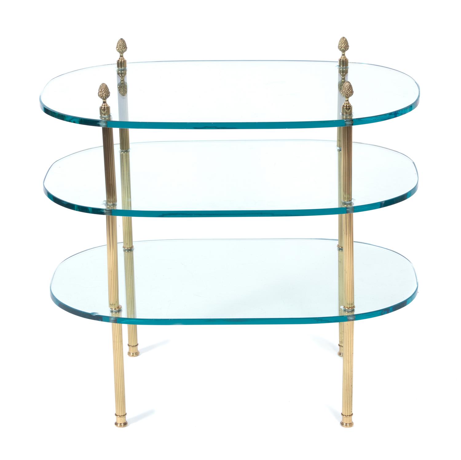 A Pair of Brass and Glass Triple Shelf Side Tables Height 26 inches. — 20TH CENTURY