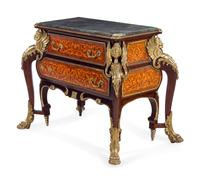 A Louis XIV Style Gilt Metal Mounted Marquetry Marble-Top Commode After the Model by André-Charles Boulle