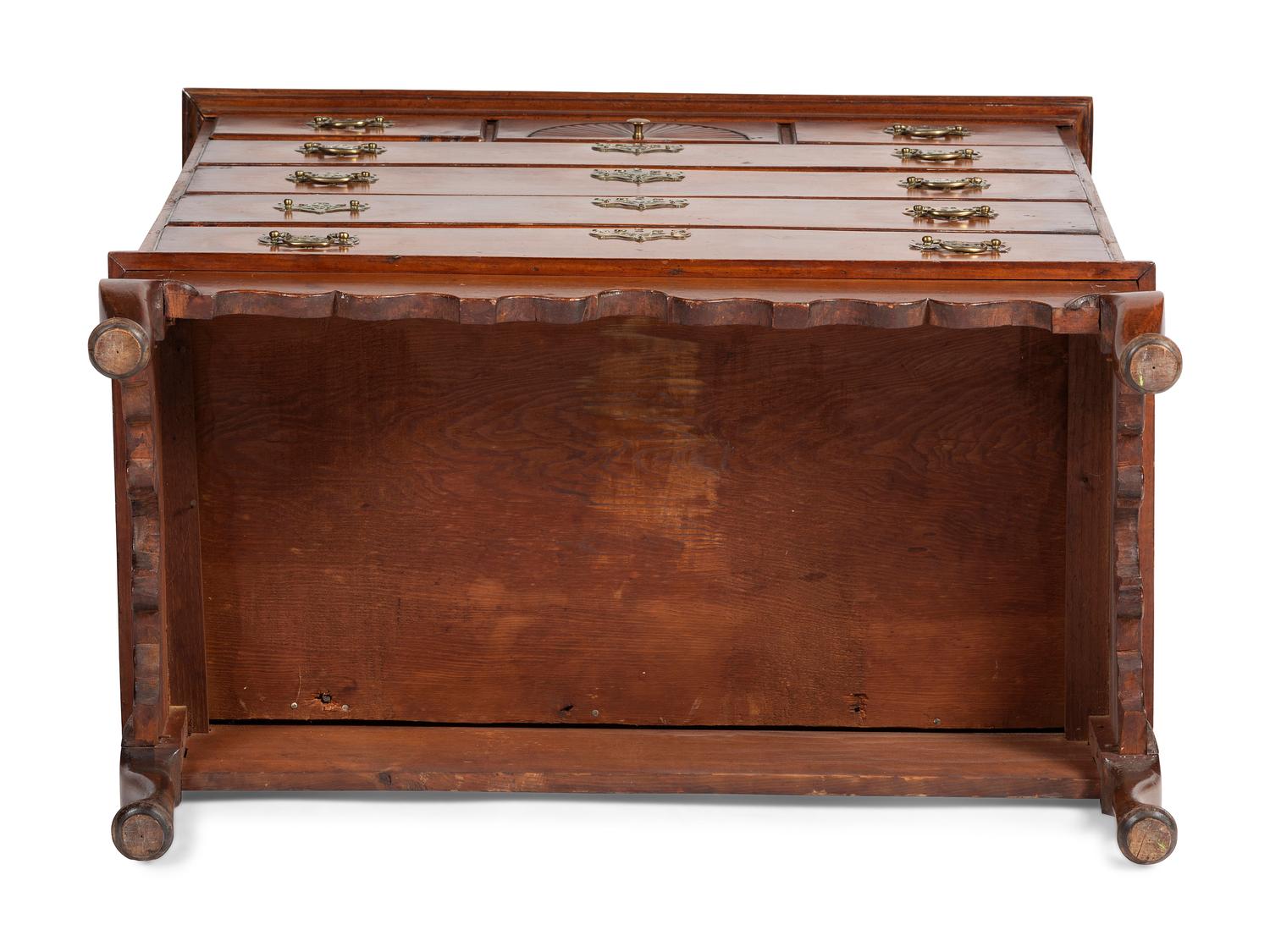 A Queen Anne Fan-Carved Maple and White Pine Flat-Top Chest on Frame