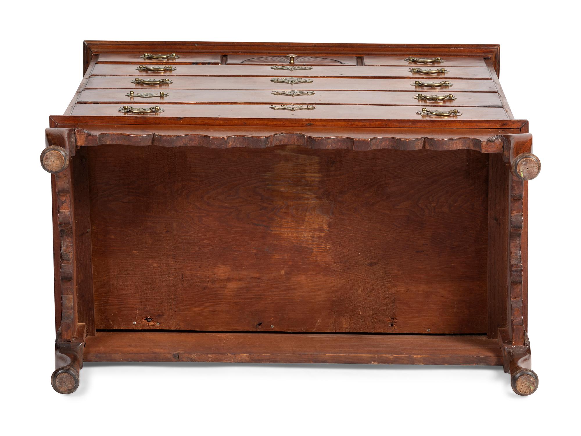 A Queen Anne Fan-Carved Maple and White Pine Flat-Top Chest on Frame