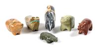 Six Zuni Carved Stone Bear Fetishes Height of largest 3 x length 5 1/2 inches