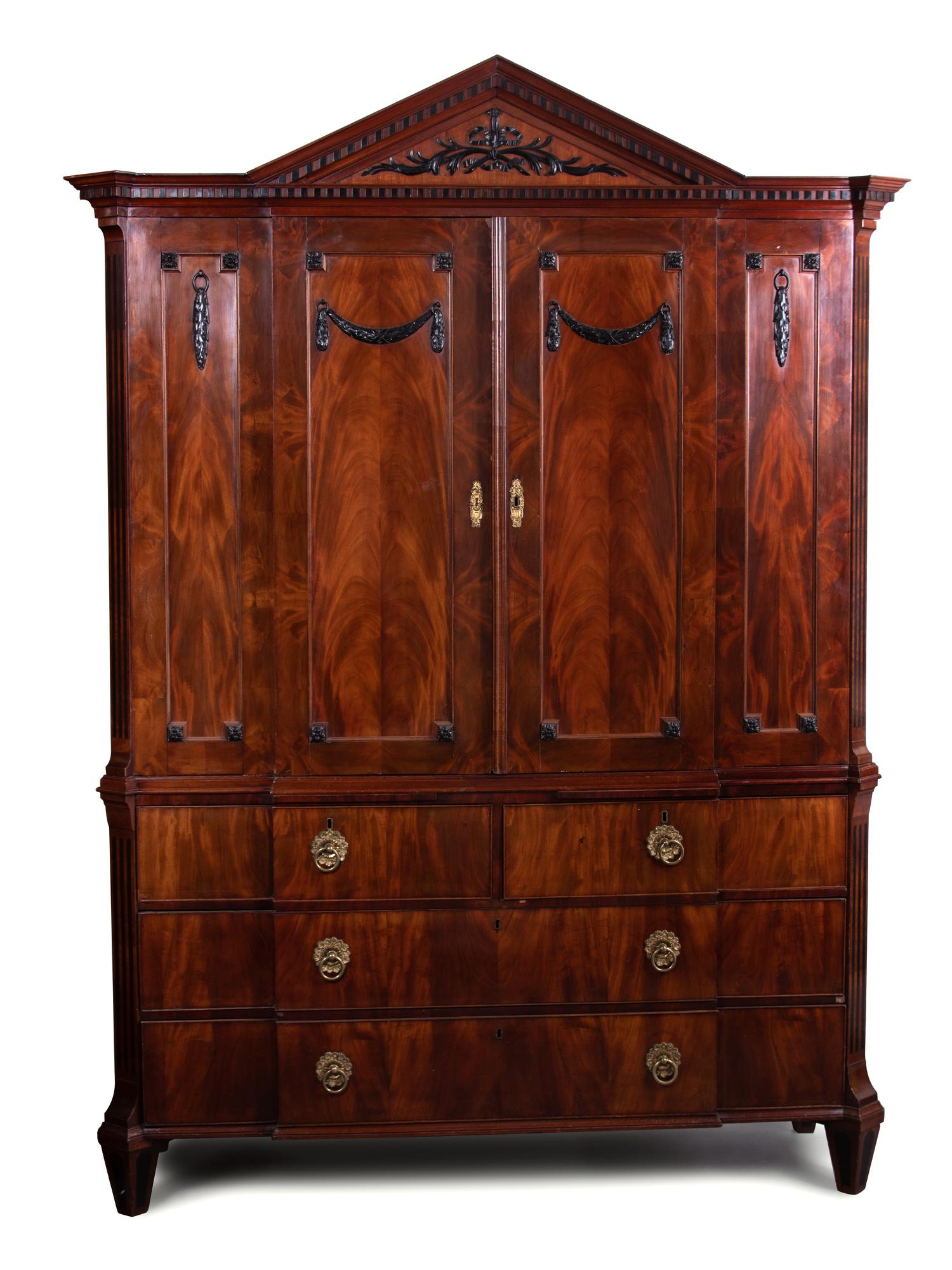 A Dutch Neoclassical Part Ebonized and Carved Mahogany Cabinet