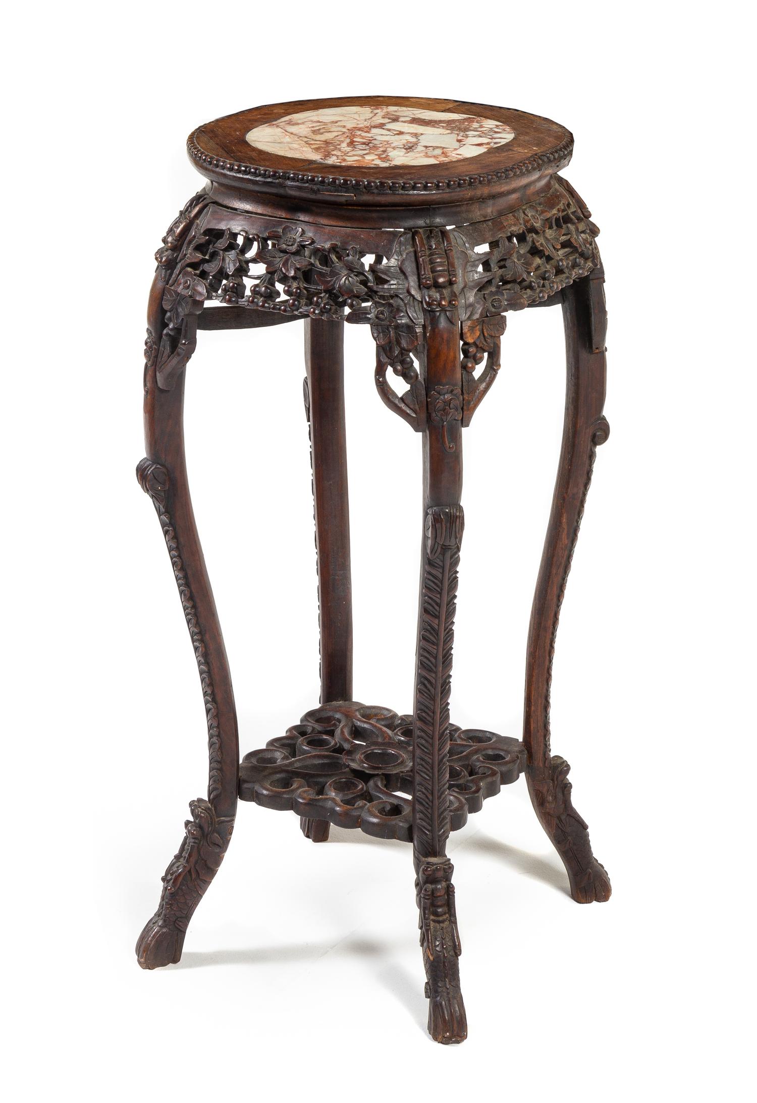 A Large Chinese Marble Inset Hongmu Side Stand, Huaji Height 36 1/2 x width 16 x depth 16 inches. — LATE QING DYNASTY