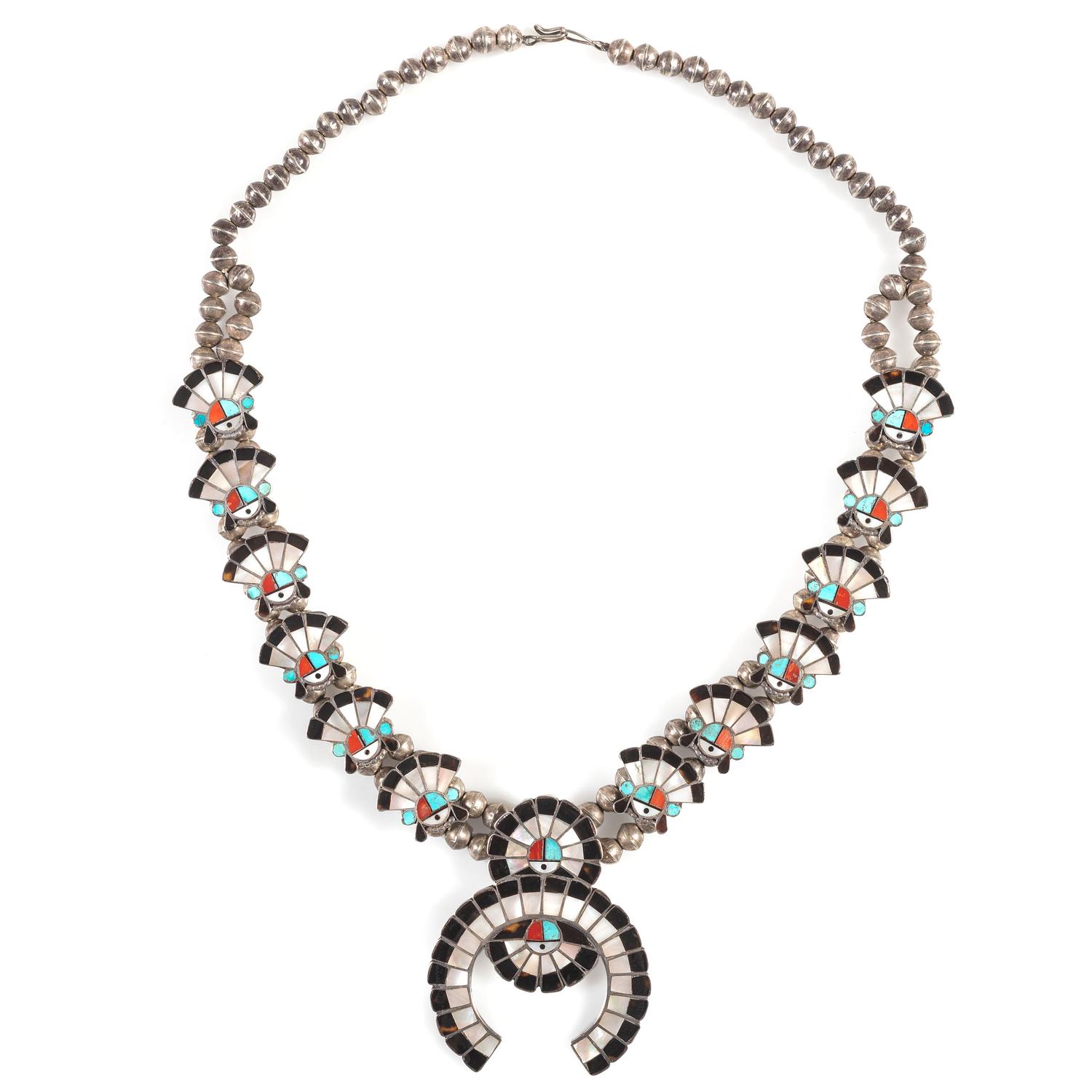 Zuni Silver and Mosaic Inlay Sun Face Squash Blossom Necklace