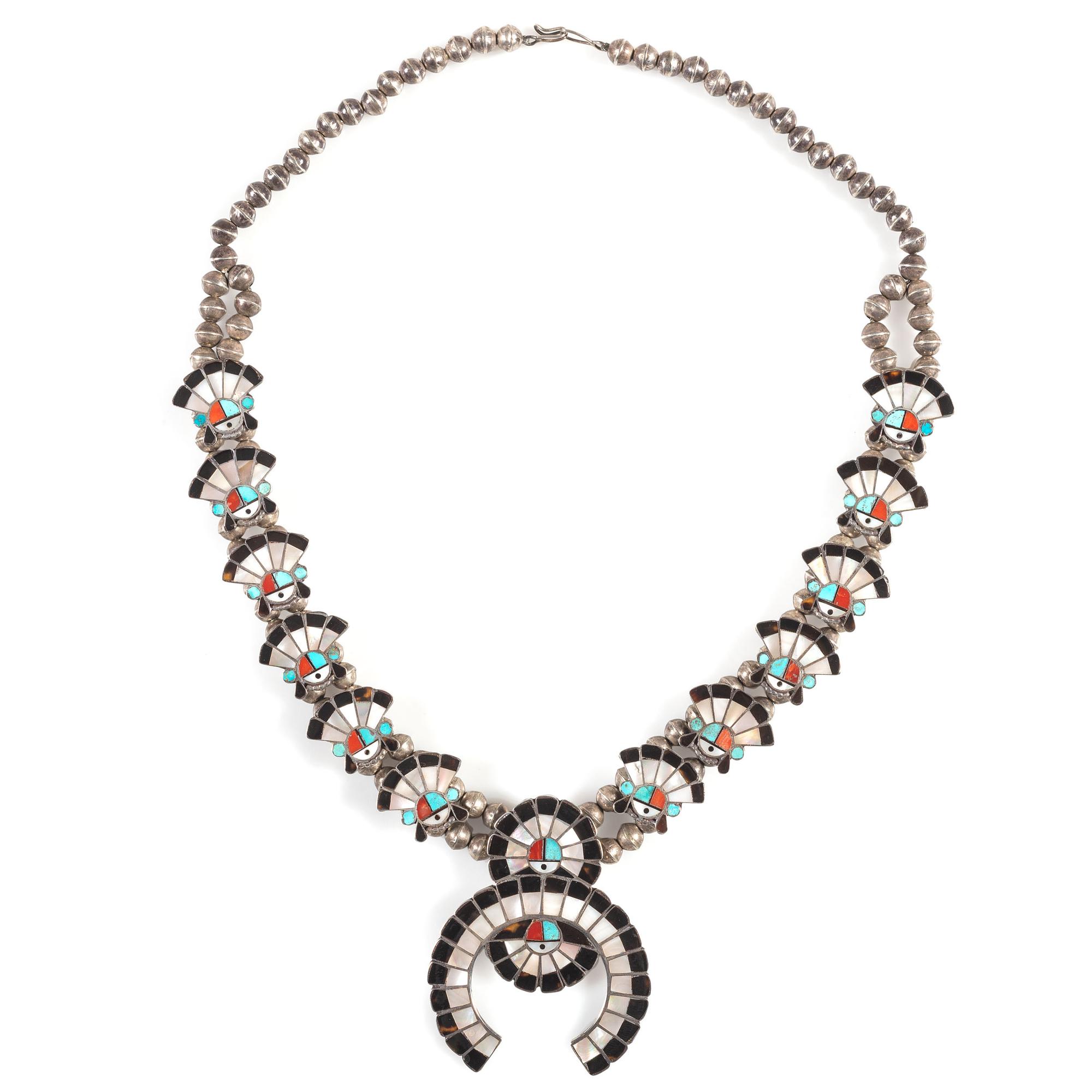 Zuni Silver and Mosaic Inlay Sun Face Squash Blossom Necklace