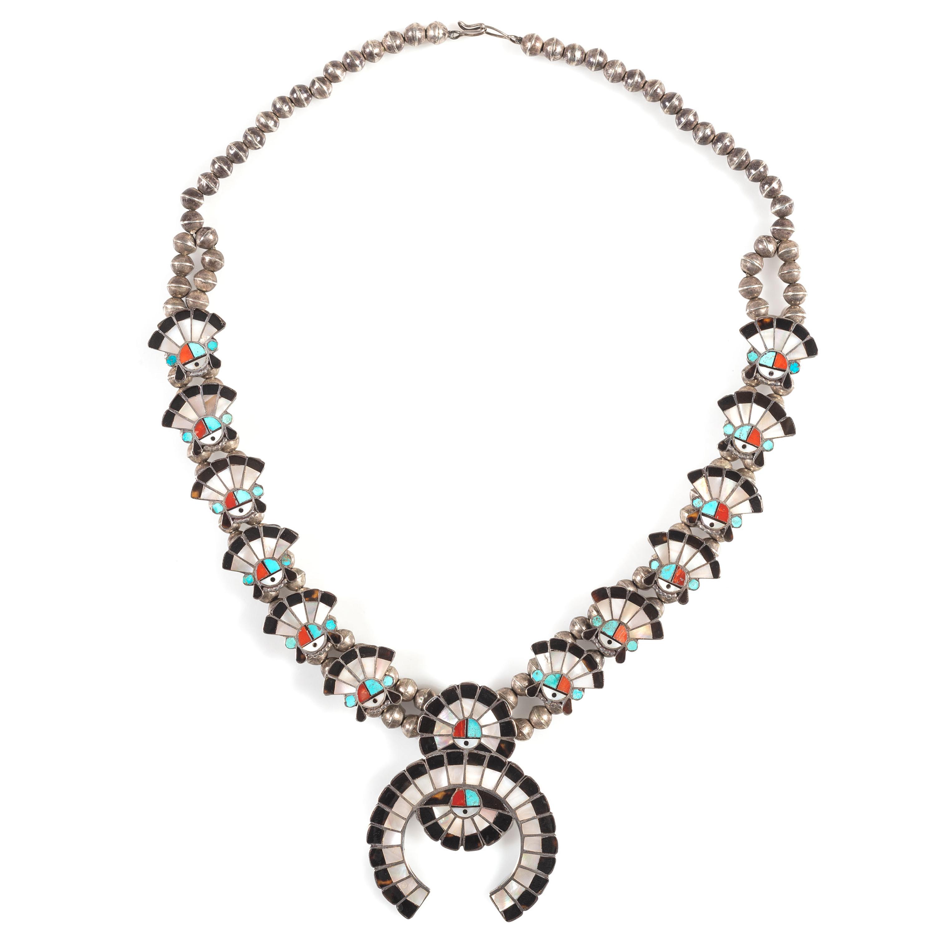 Zuni Silver and Mosaic Inlay Sun Face Squash Blossom Necklace