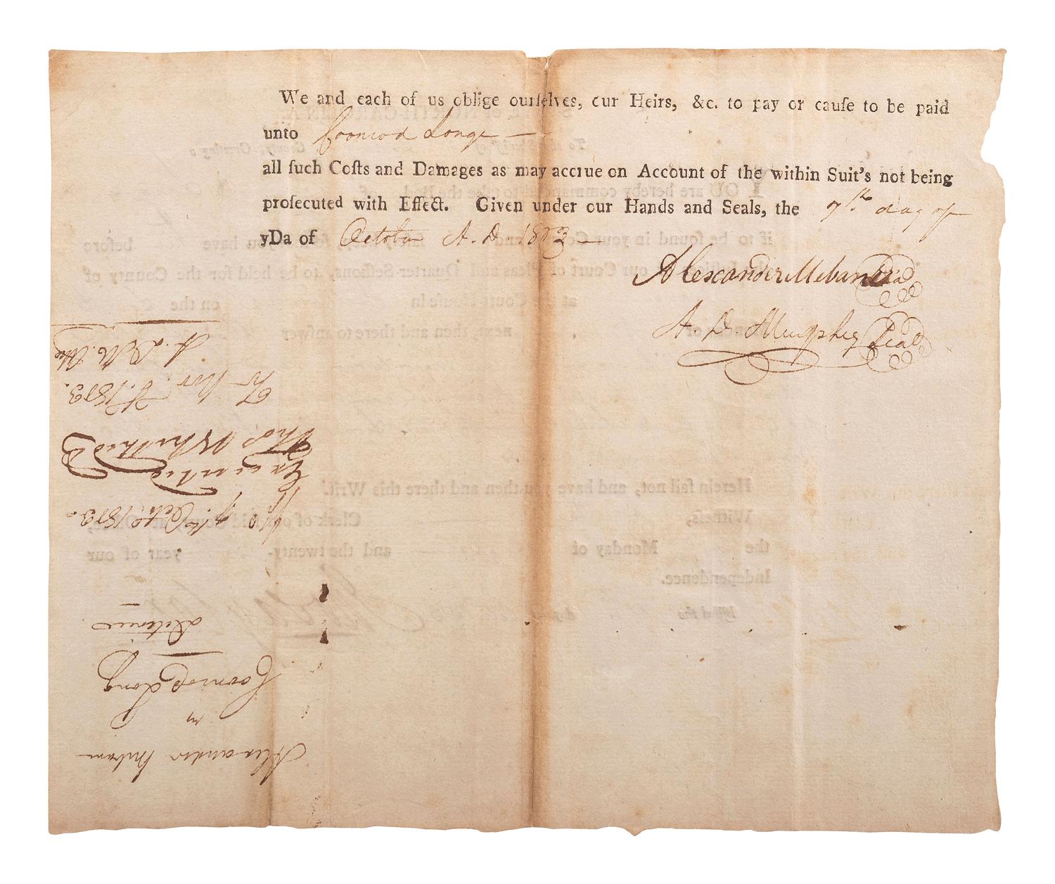 [SLAVERY & ABOLITION]. Partially printed writ of detention related to the surrender of the enslaved woman "Lucy" and the enslaved girl "Nancy." Orange County, NC, 1813.