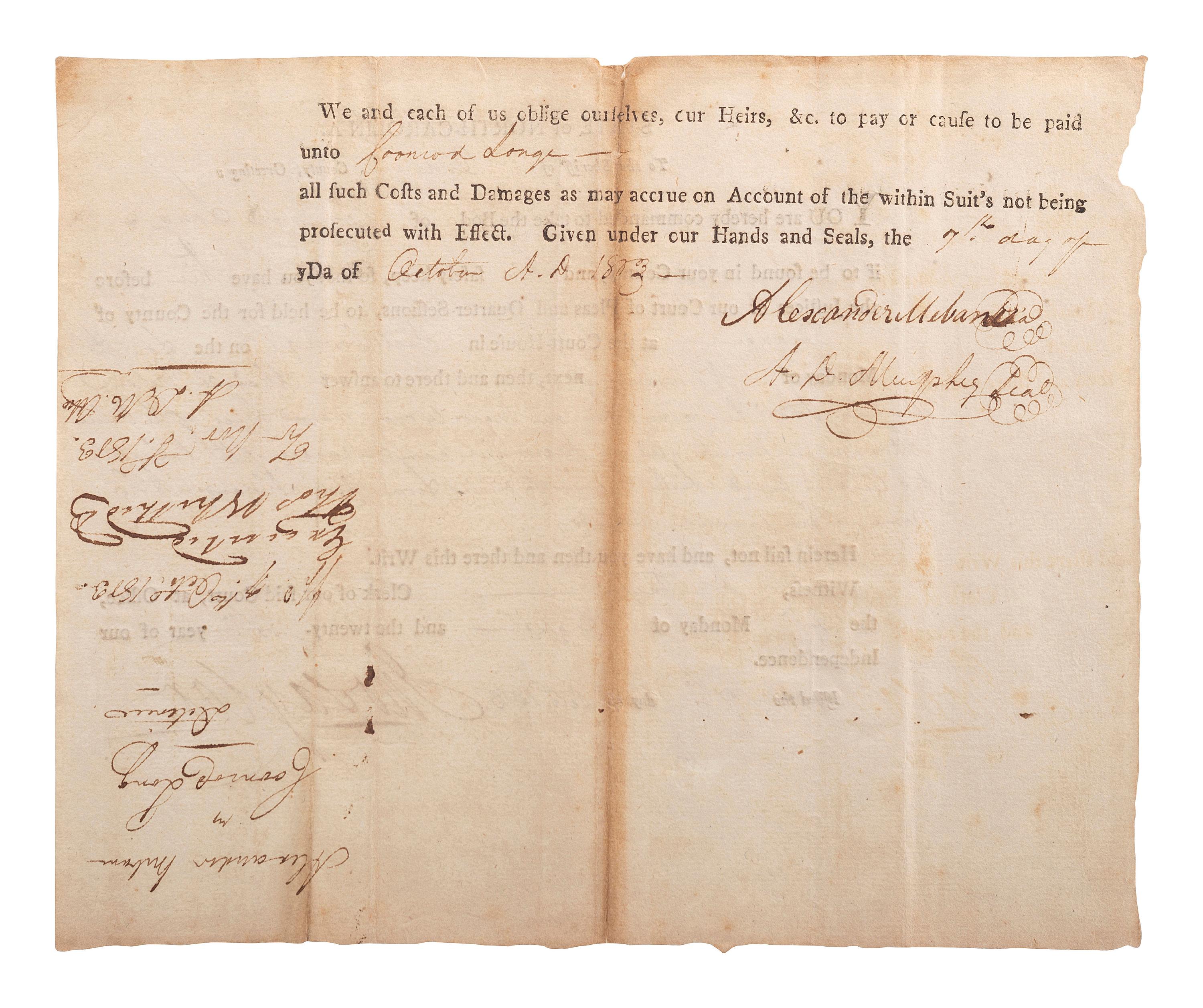 [SLAVERY & ABOLITION]. Partially printed writ of detention related to the surrender of the enslaved woman "Lucy" and the enslaved girl "Nancy." Orange County, NC, 1813.