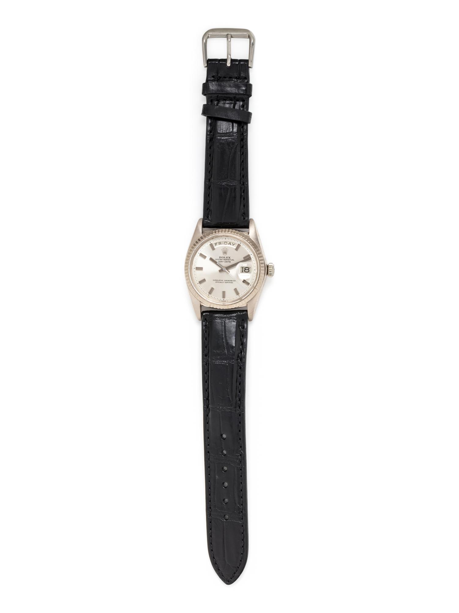 ROLEX, REF. 1803 18K WHITE GOLD 'OYSTER PERPETUAL DAY DATE WIDE BOY DIAL' WRISTWATCH, CIRCA 1969
