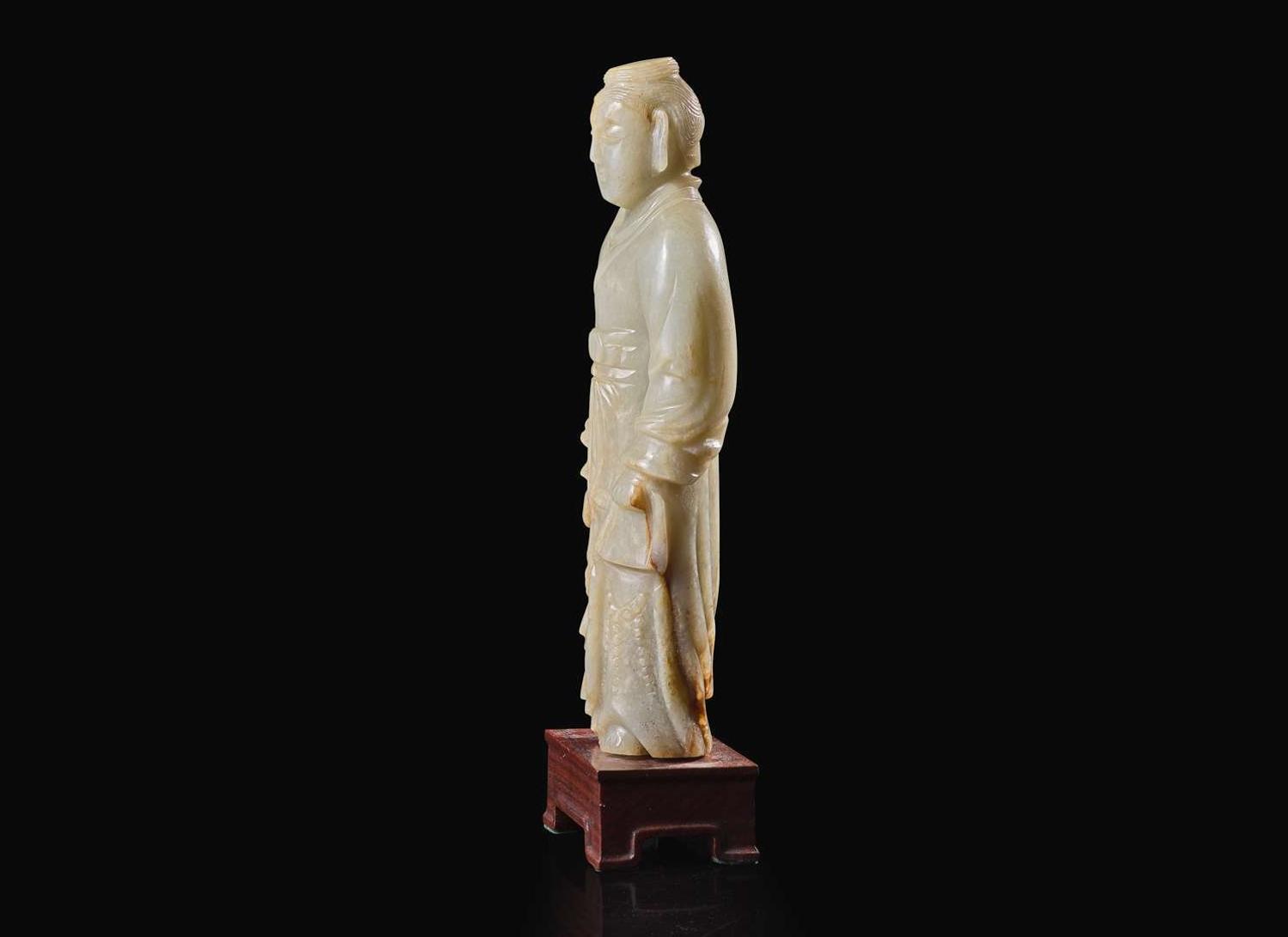 An unusual Chinese carved celadon jade figure of a man in long robes, possibly 18th century or earlier 玉雕人物 可能為十八世紀或更早