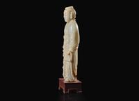 An unusual Chinese carved celadon jade figure of a man in long robes, possibly 18th century or earlier 玉雕人物 可能為十八世紀或更早
