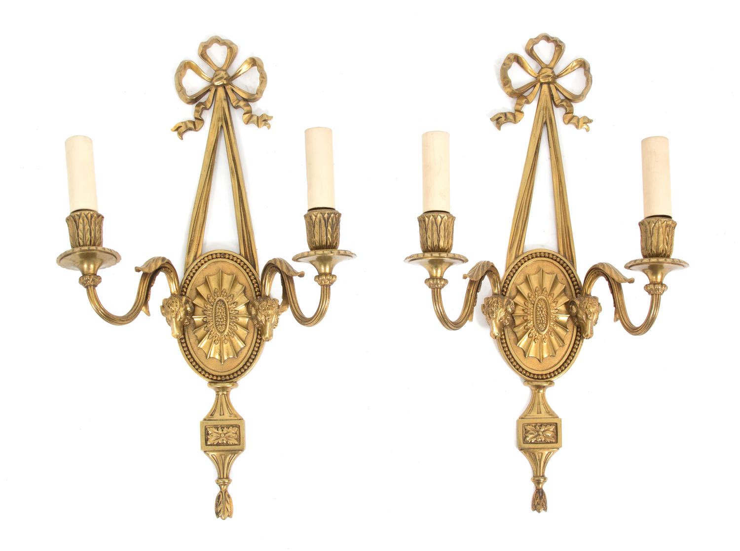 A Pair of Louis XVI Style Gilt Bronze Two-Light Walls Sconces Height 19 inches. — LATE 19TH CENTURY