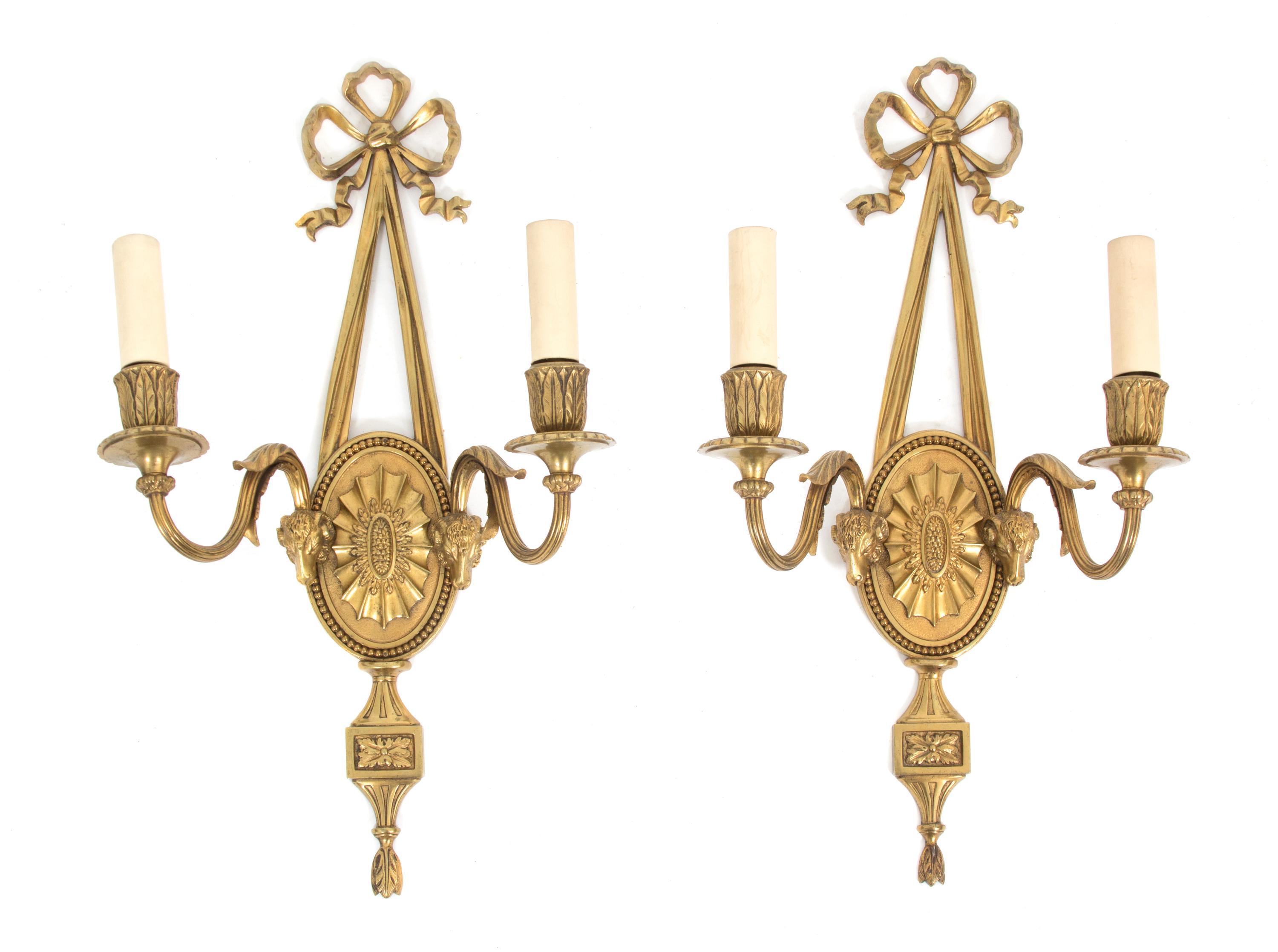 A Pair of Louis XVI Style Gilt Bronze Two-Light Walls Sconces Height 19 inches. — LATE 19TH CENTURY