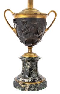 A Pair of Grand Tour Bronze and Marble Urns Mounted as Lamps