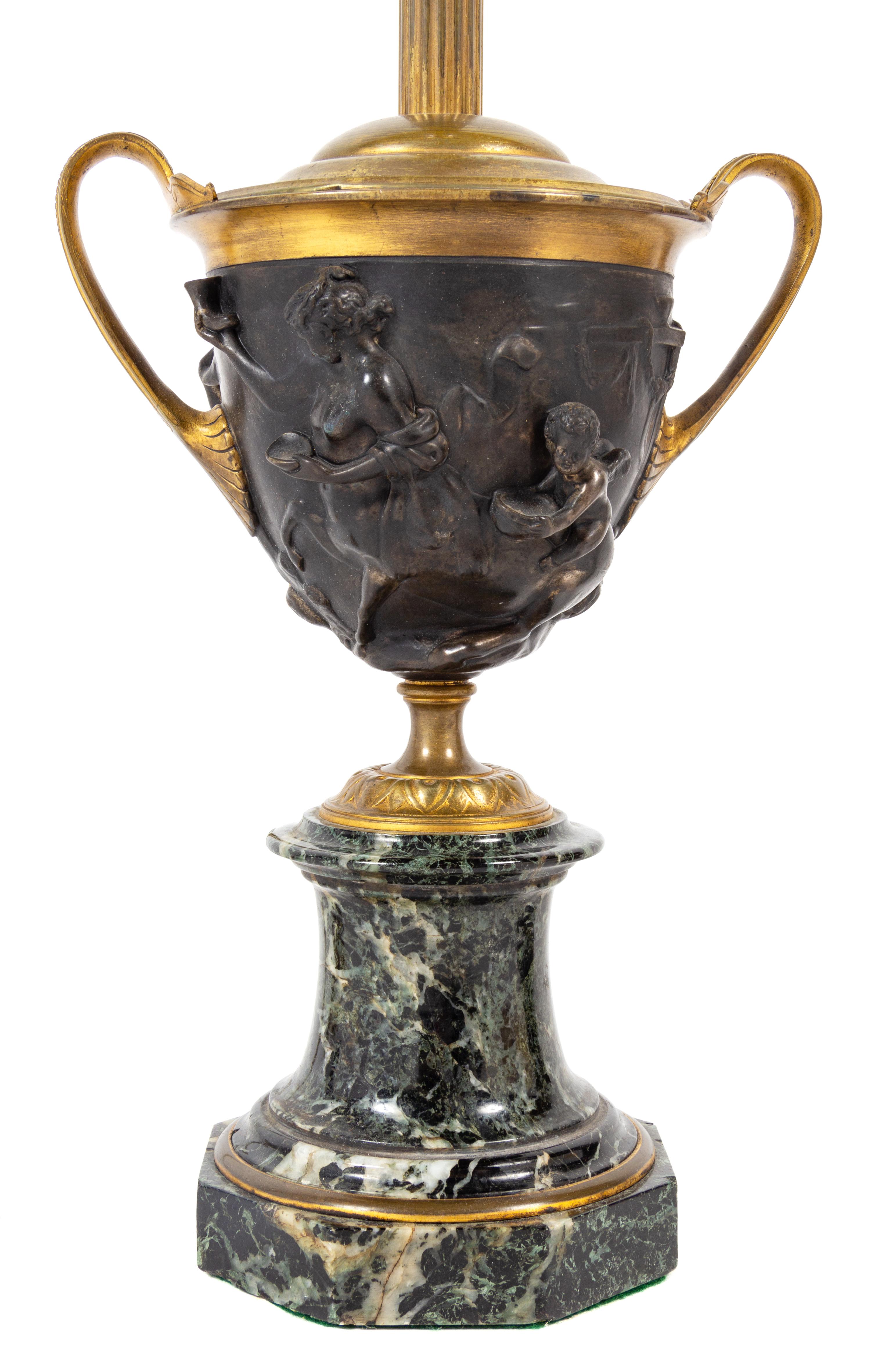 A Pair of Grand Tour Bronze and Marble Urns Mounted as Lamps