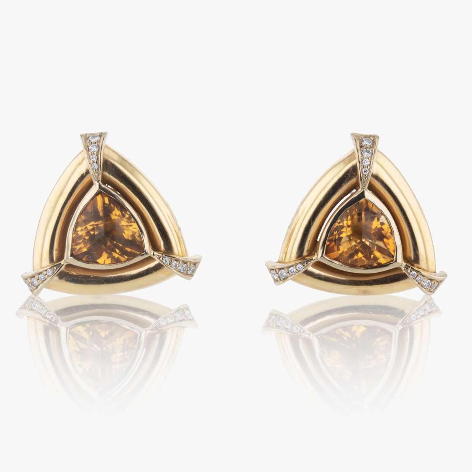 A Pair of Citrine, Diamond, and 18K Yellow Gold Earrings