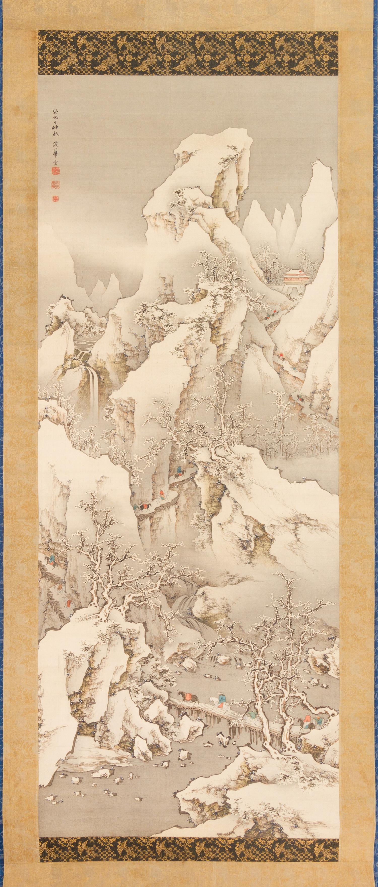 An Ink and Color Painting on Silk, (Japanese, 19th Century), Travelers in the Shu Mountain