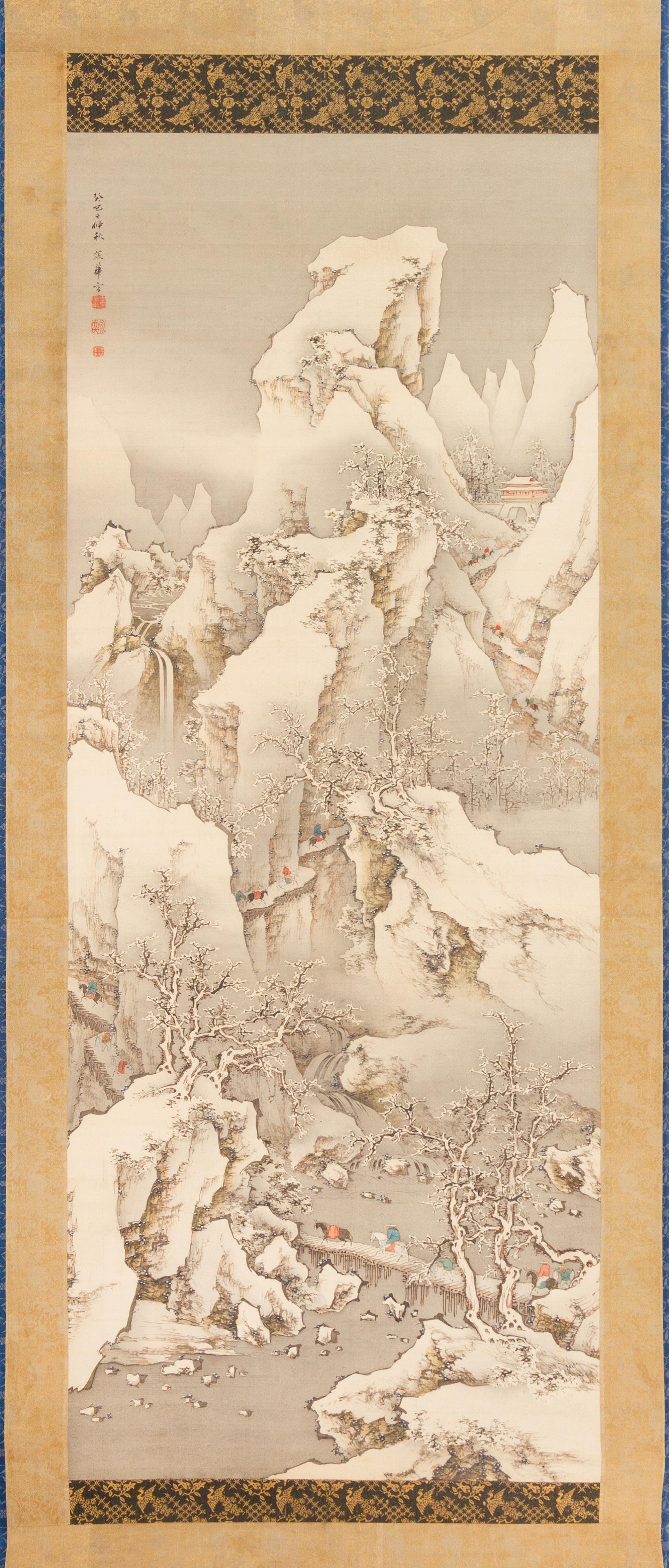 An Ink and Color Painting on Silk, (Japanese, 19th Century), Travelers in the Shu Mountain