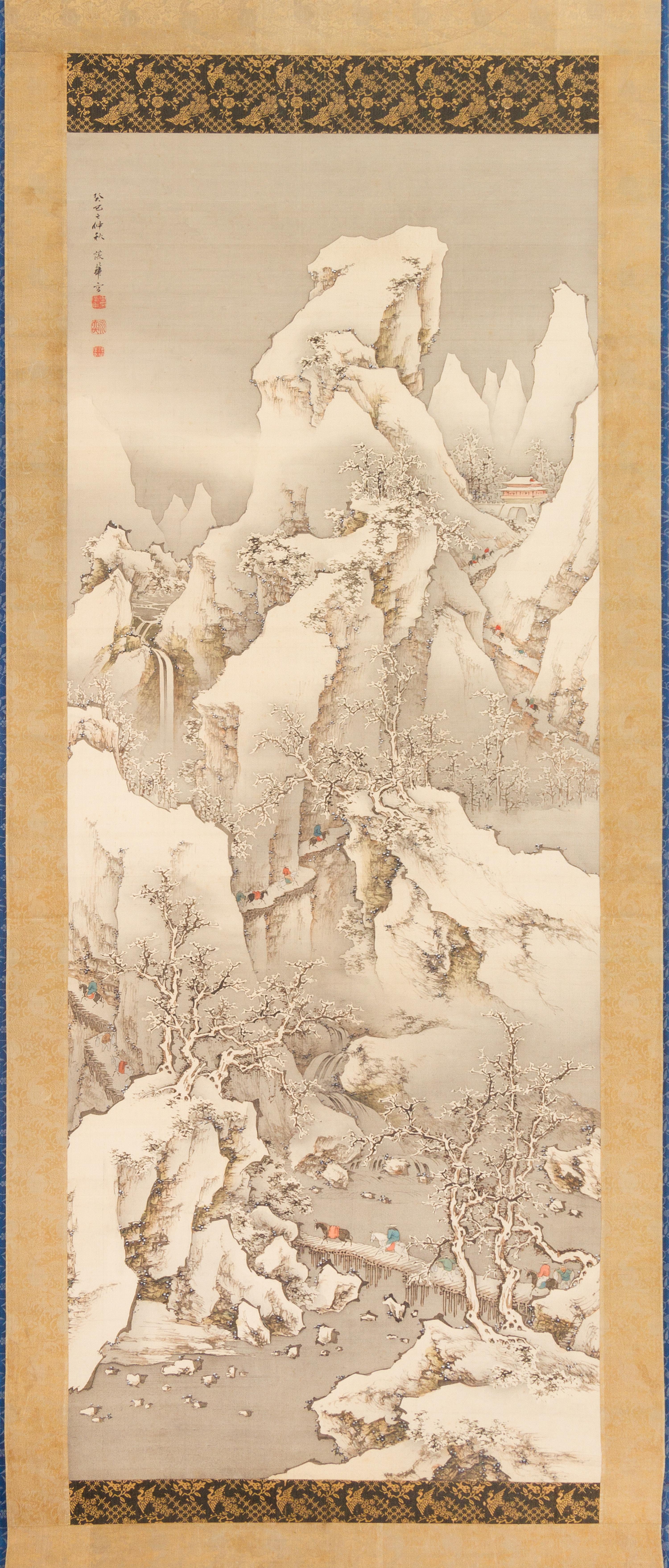 An Ink and Color Painting on Silk, (Japanese, 19th Century), Travelers in the Shu Mountain