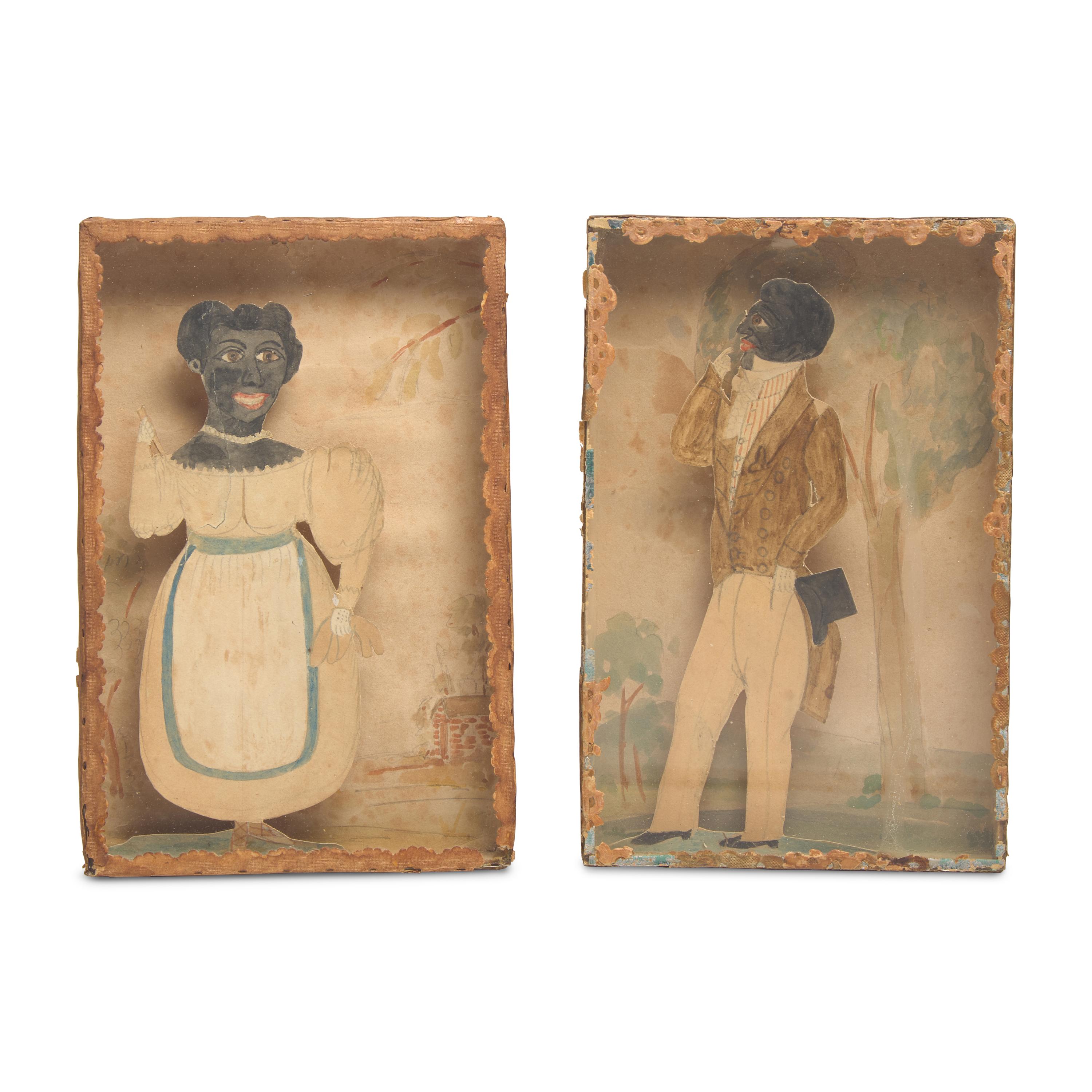 A Pair of Shadowboxes with Painted Paper Cut-Outs of An African-American Lady and Gentleman
