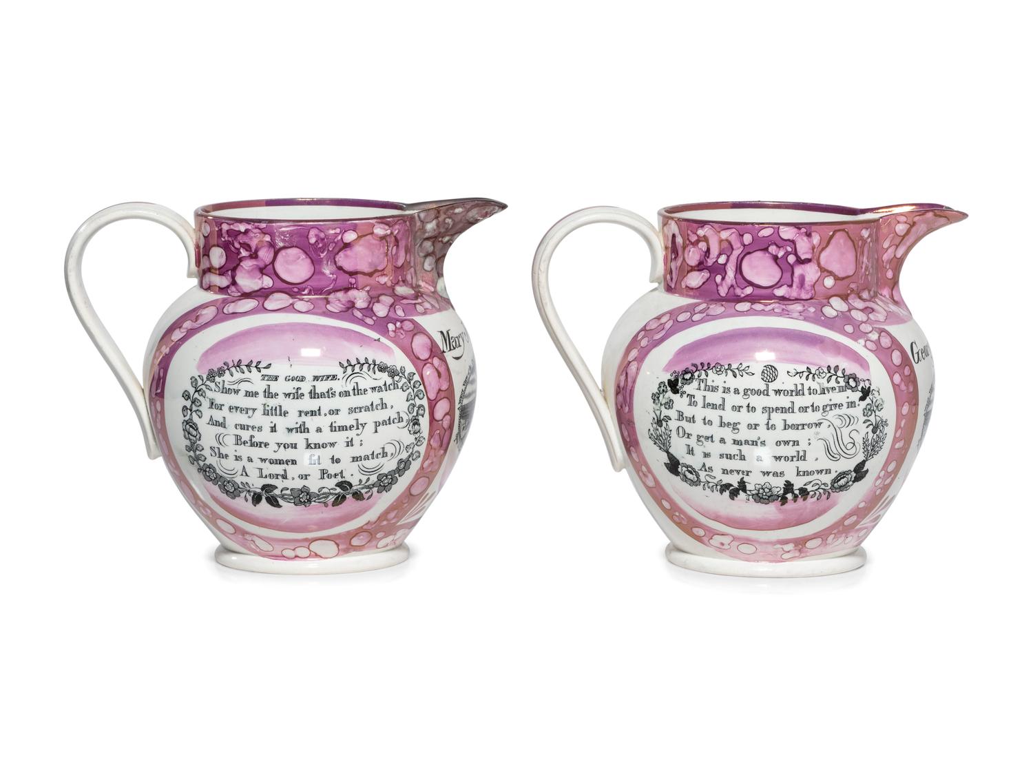 A Pair of Sunderland Luster Inscribed Jugs, Possibly for Marriage