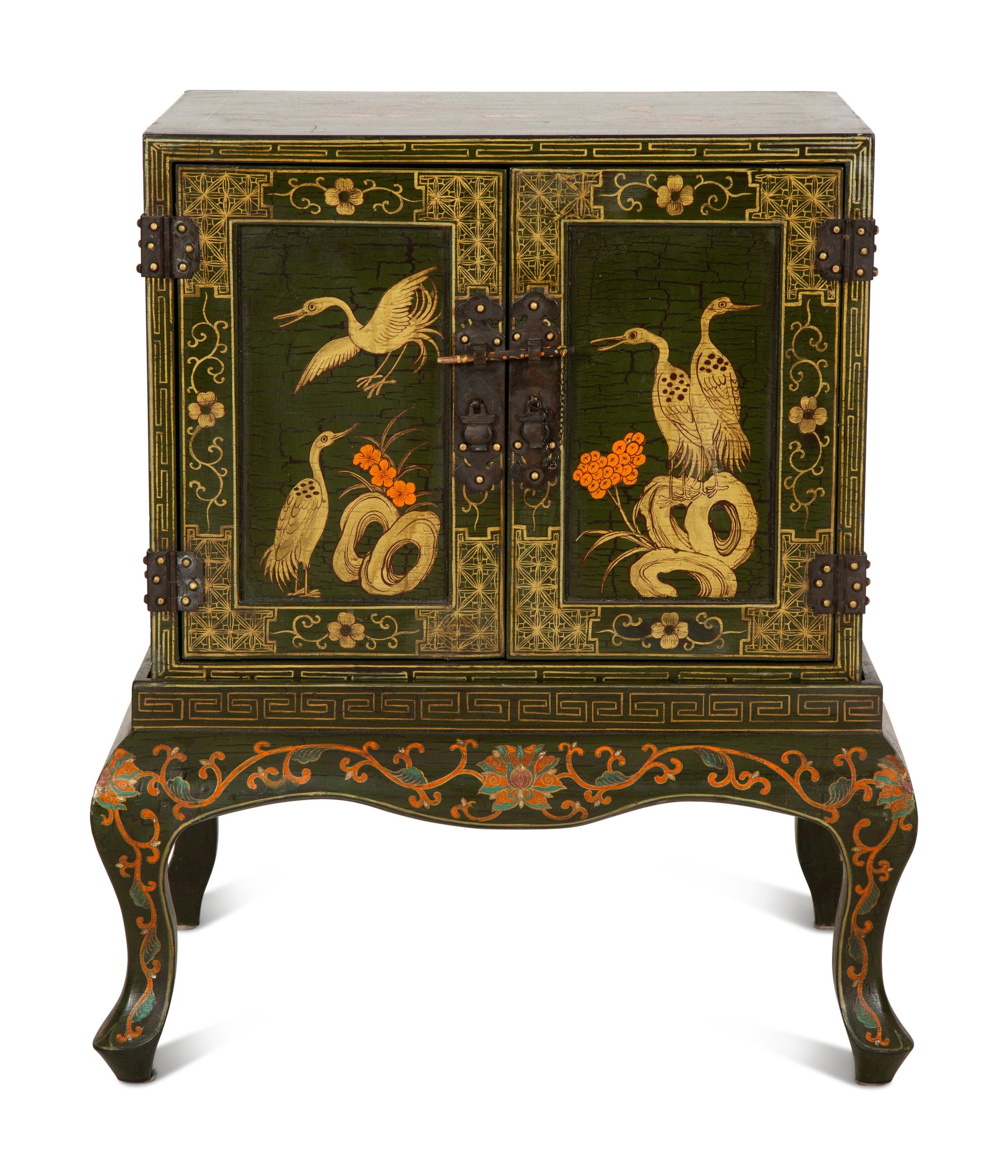 A Chinese Painted and Parcel Gilt Cabinet on Stand
