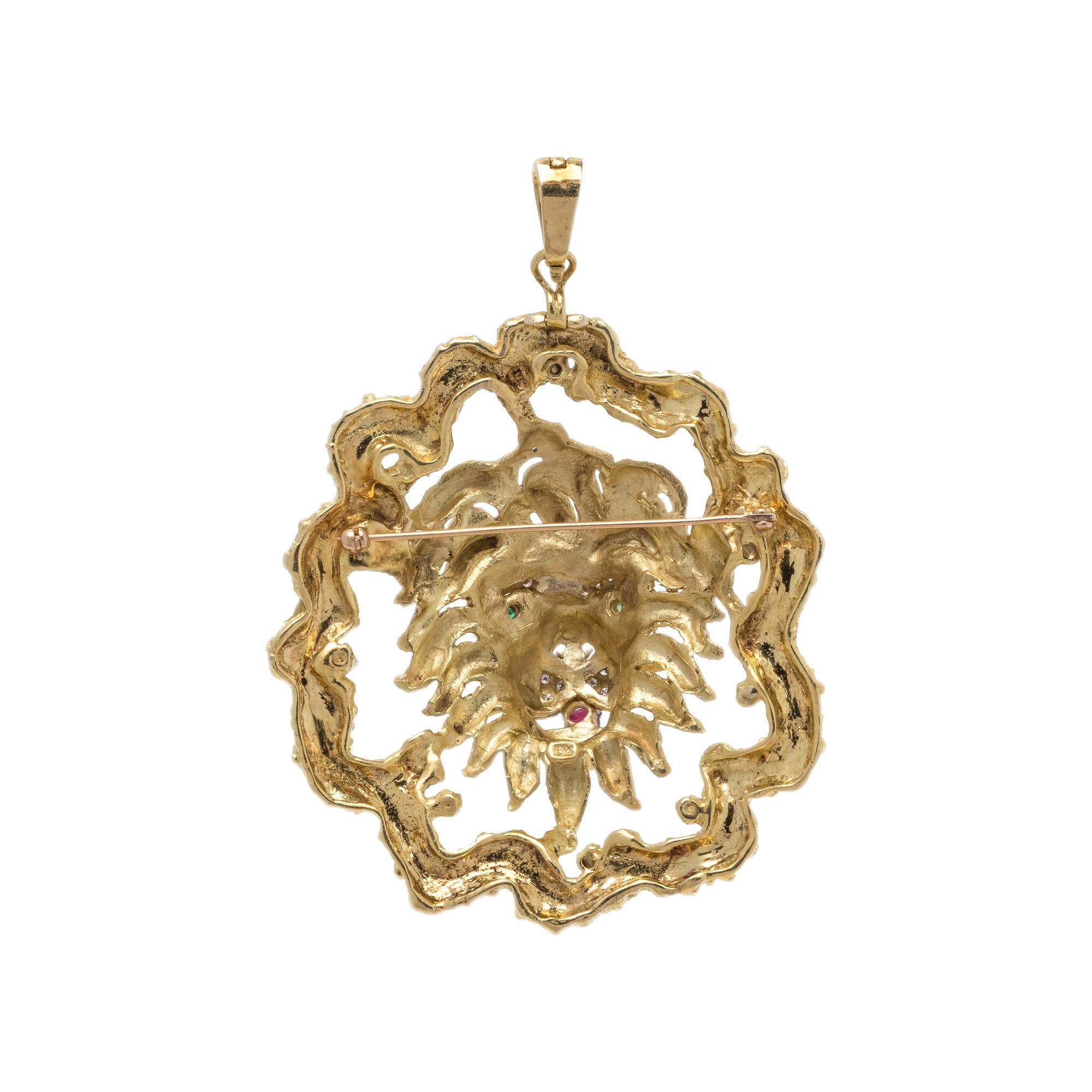 YELLOW GOLD, DIAMOND AND GEMSTONE LION PENDANT/BROOCH