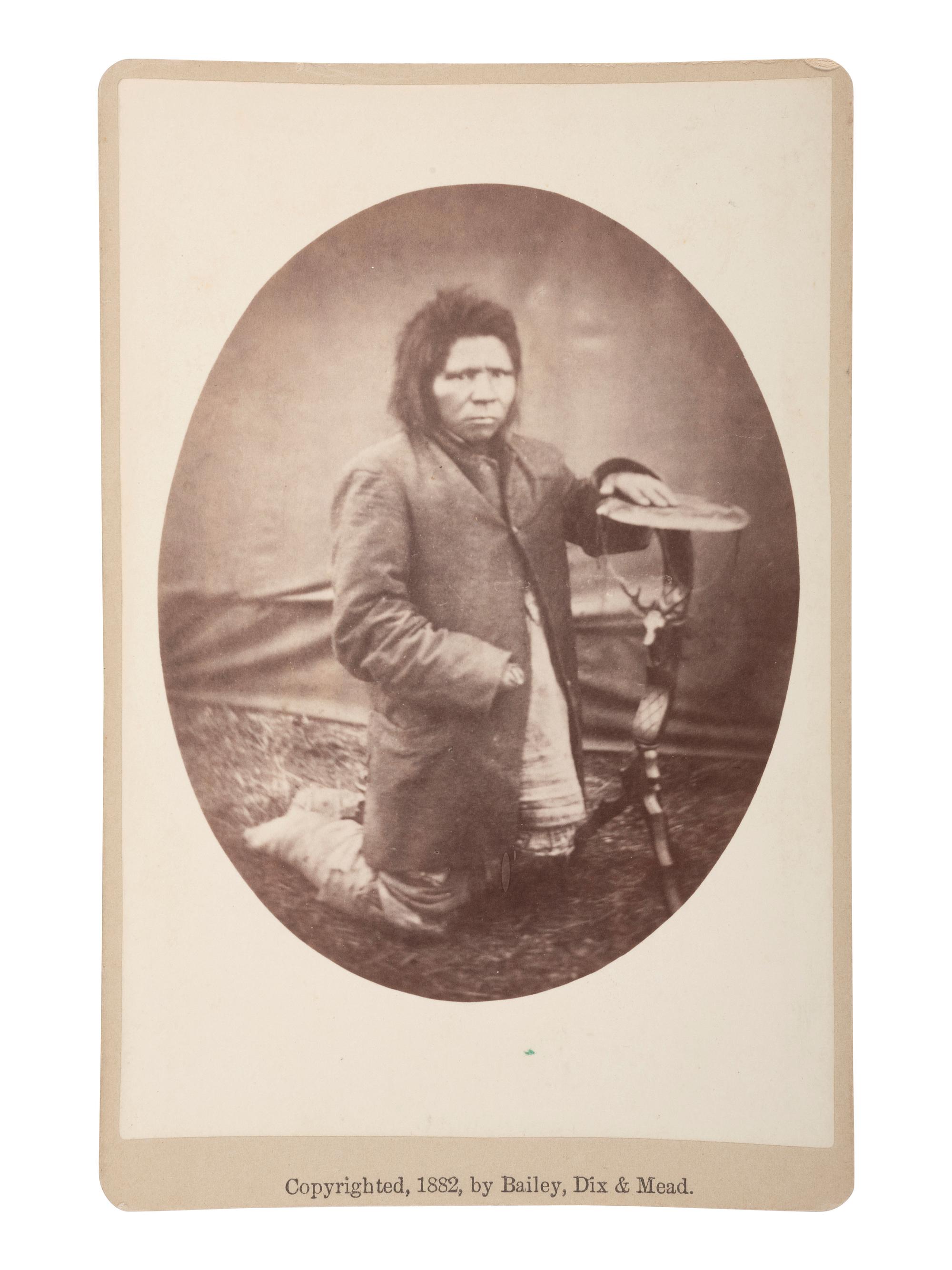 [NATIVE AMERICAN]. Cabinet card of Nez Perce subject, Steps. Fort Randall, Dakota Territory.
