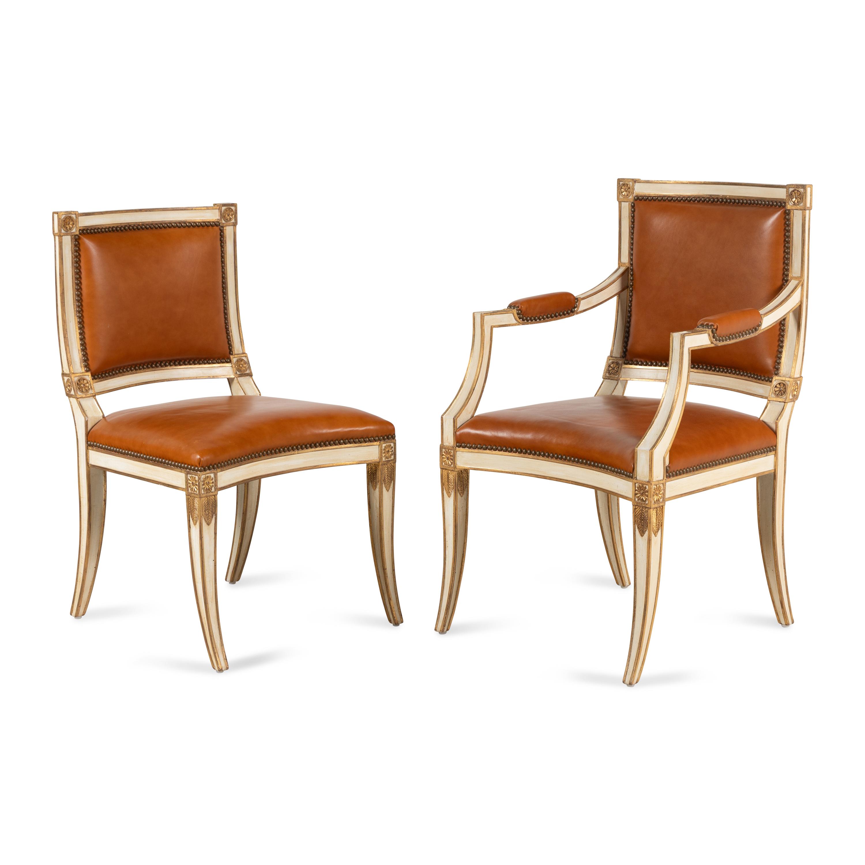 A Set of Twelve Italian Cream-Painted and Parcel Gilt Dining Chairs
