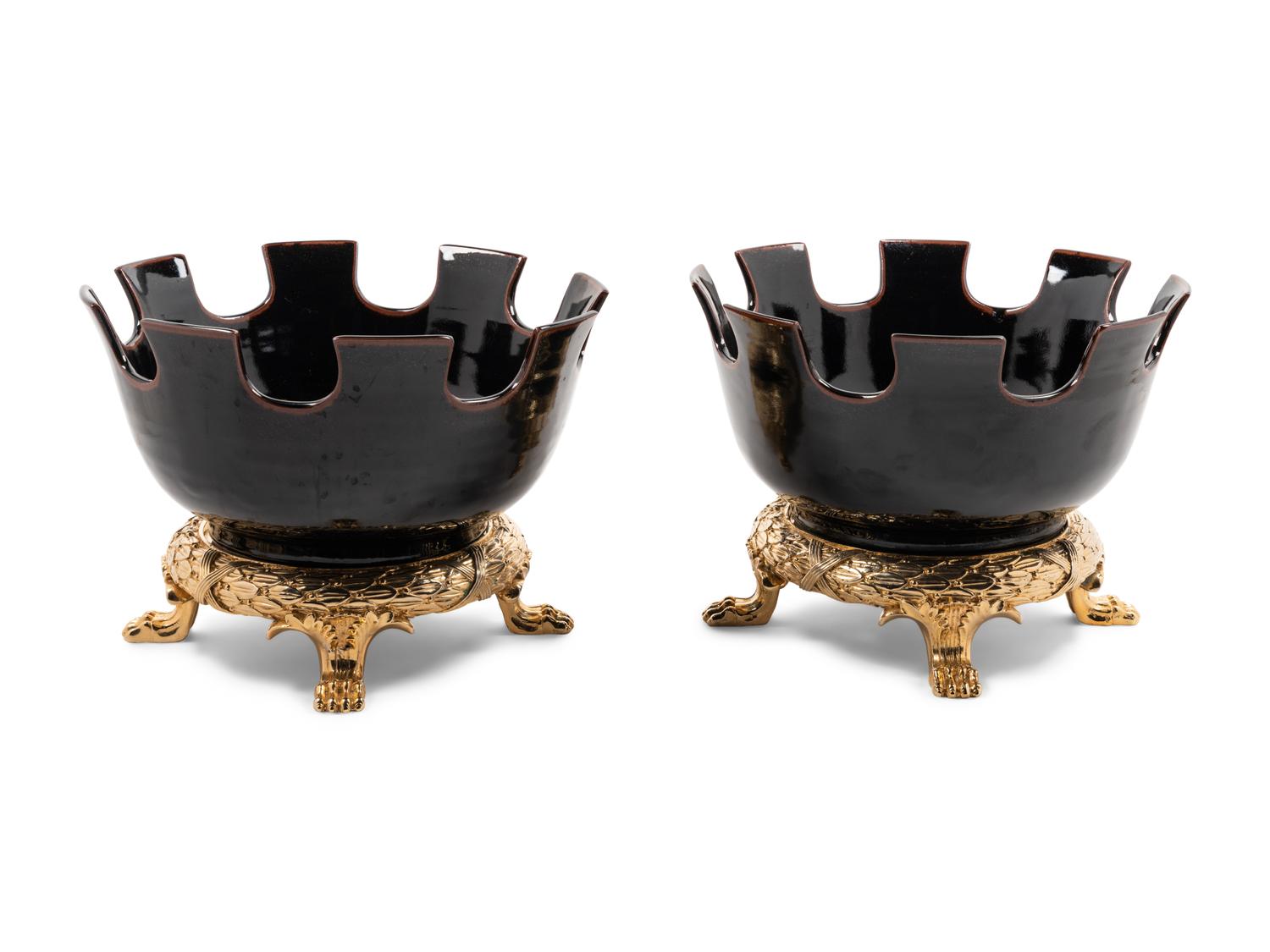 A Pair of Contemporary Ceramic and Gilt Metal Jardinières