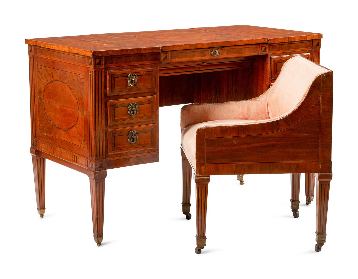 An Italian Walnut and Marquetry Mechanical Dressing Table with an Integrated Chair