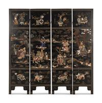 A Chinese Hardstone Inlaid Four-Panel Floor Screen, Late 19th-Early 20th Century 晚清-民國 漆地嵌寶人物瑞獸博古圖四扇屏