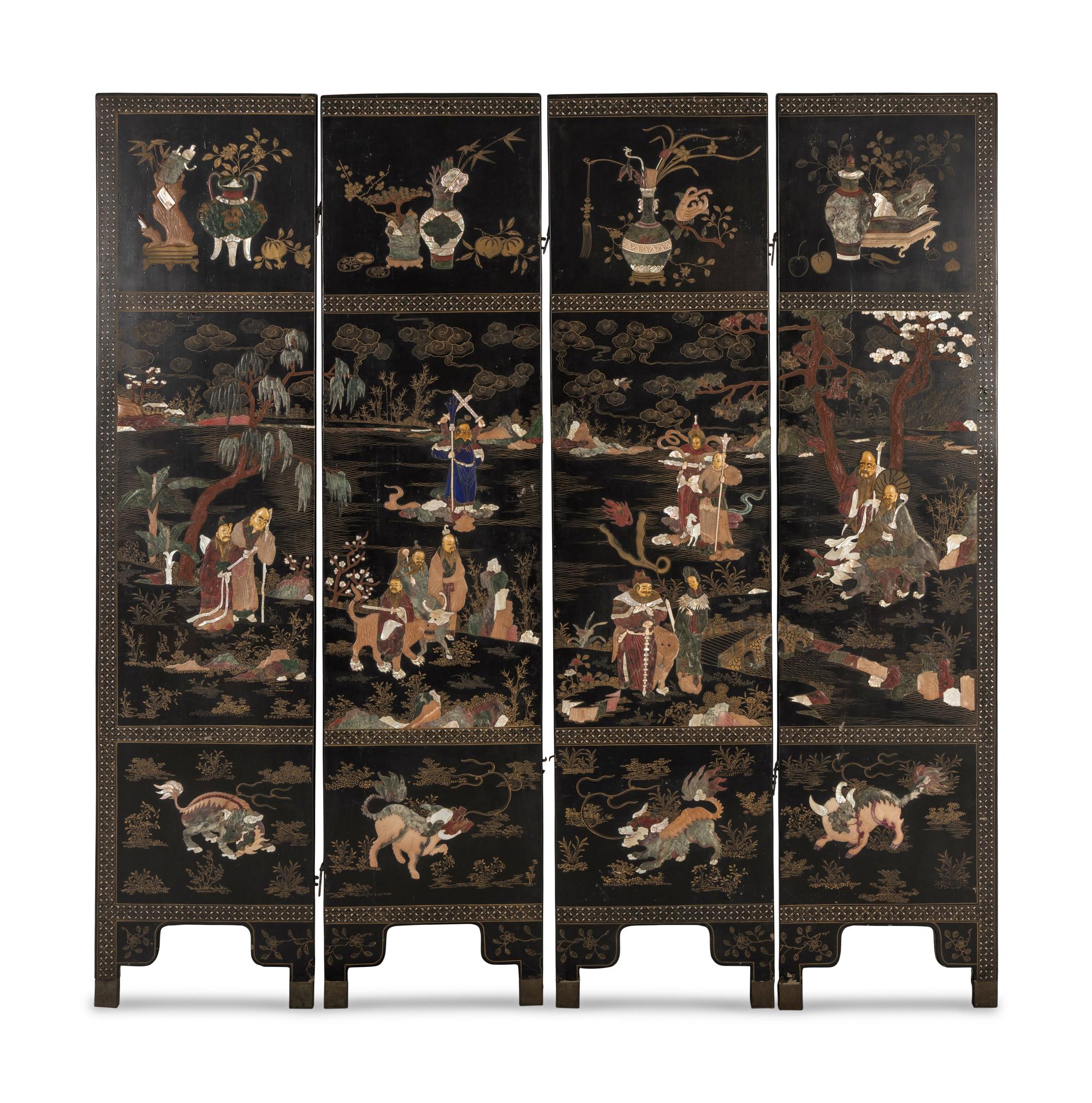 A Chinese Hardstone Inlaid Four-Panel Floor Screen, Late 19th-Early 20th Century 晚清-民國 漆地嵌寶人物瑞獸博古圖四扇屏