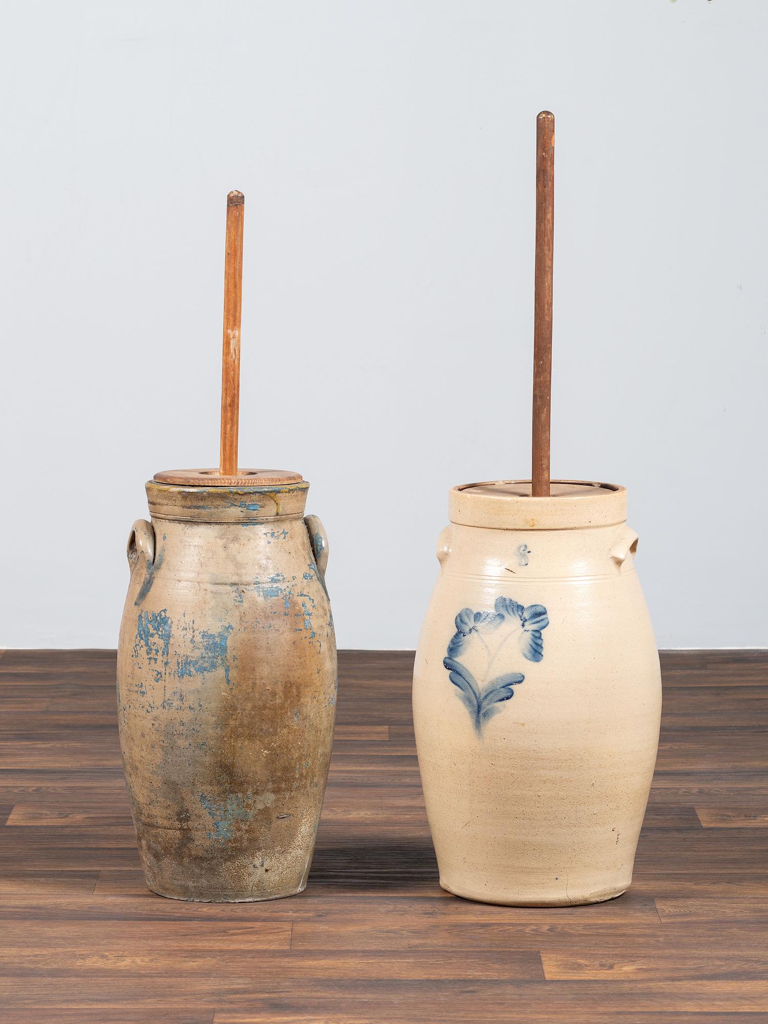 Two Cobalt Decorated Six-Gallon Stoneware Churns
