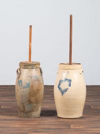 Two Cobalt Decorated Six-Gallon Stoneware Churns