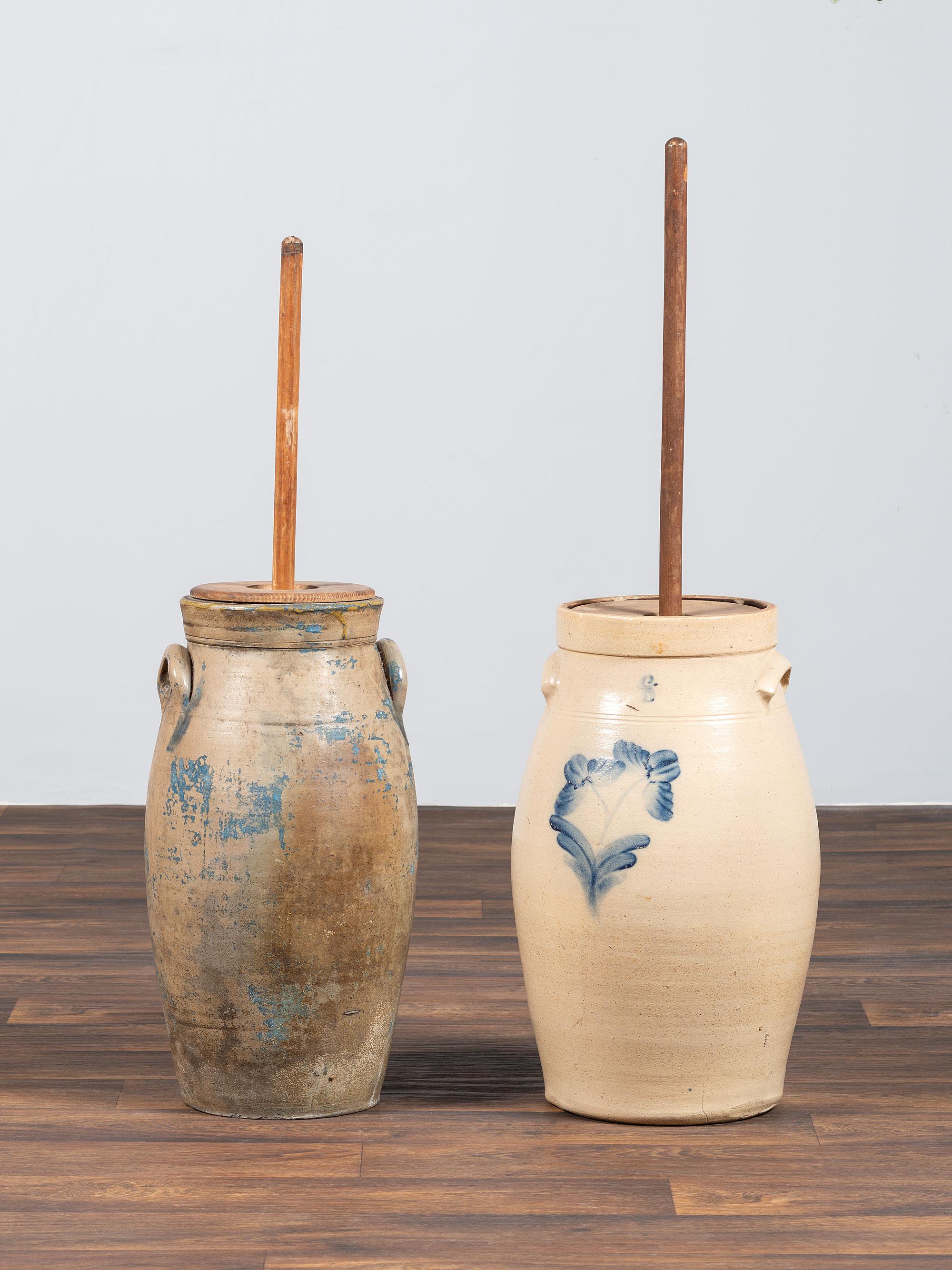Two Cobalt Decorated Six-Gallon Stoneware Churns
