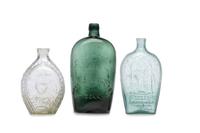 Three Molded Glass Green and Aqua Flasks