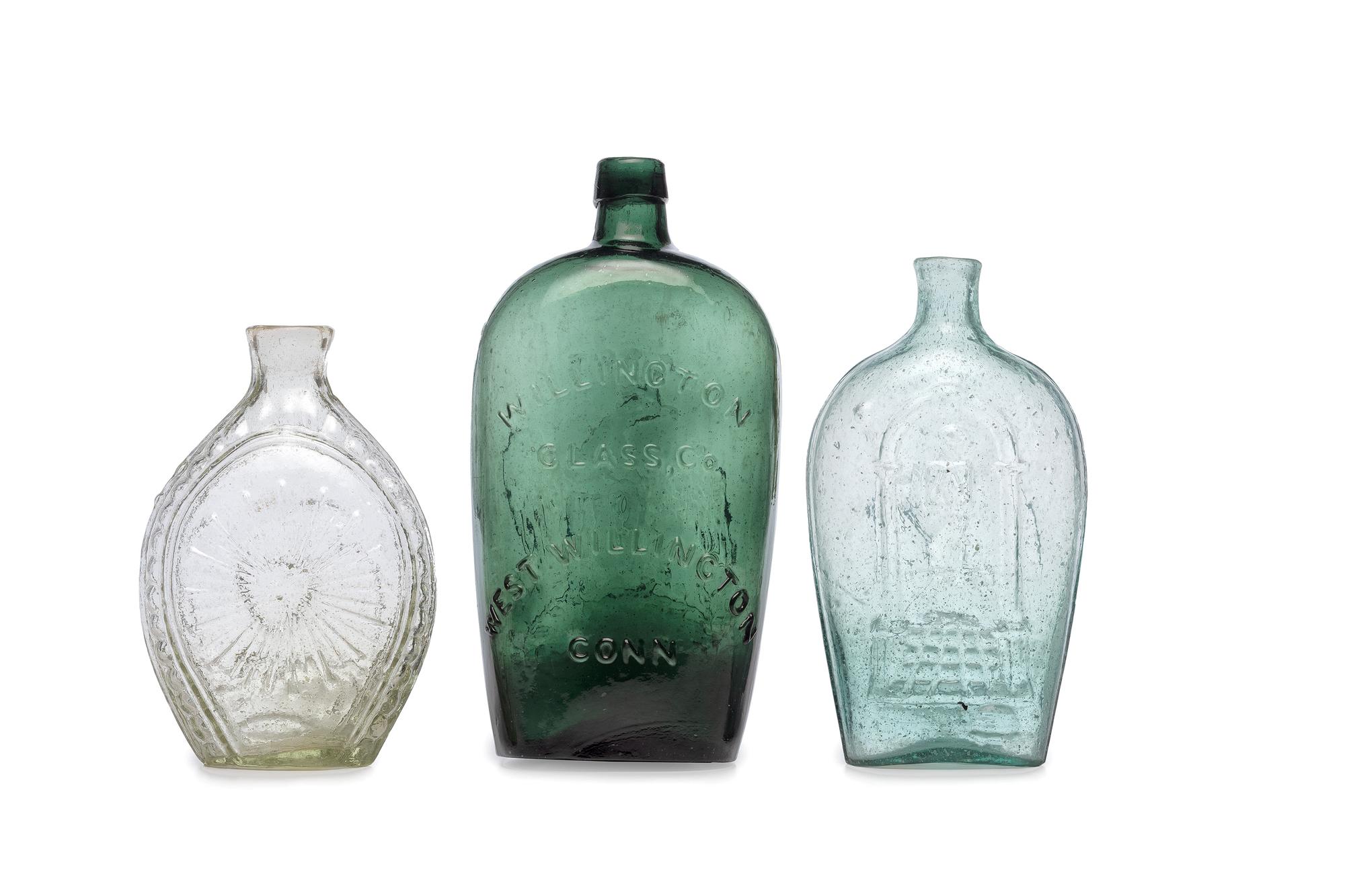 Three Molded Glass Green and Aqua Flasks