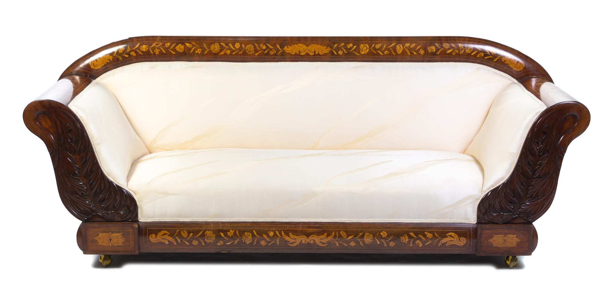 A Dutch Marquetry Mahogany Settee, Width 93 inches.