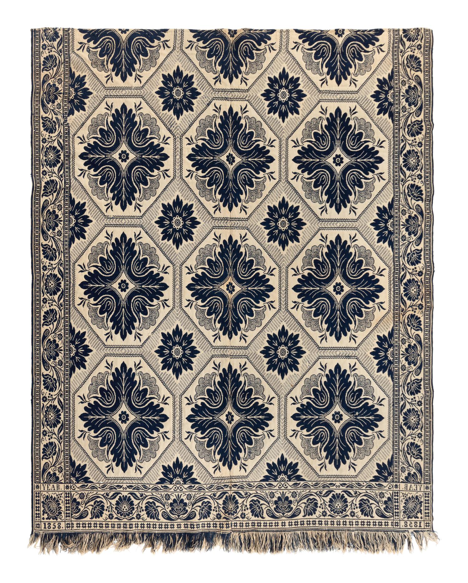 Two Jacquard Woven Cotton and Wool Coverlets