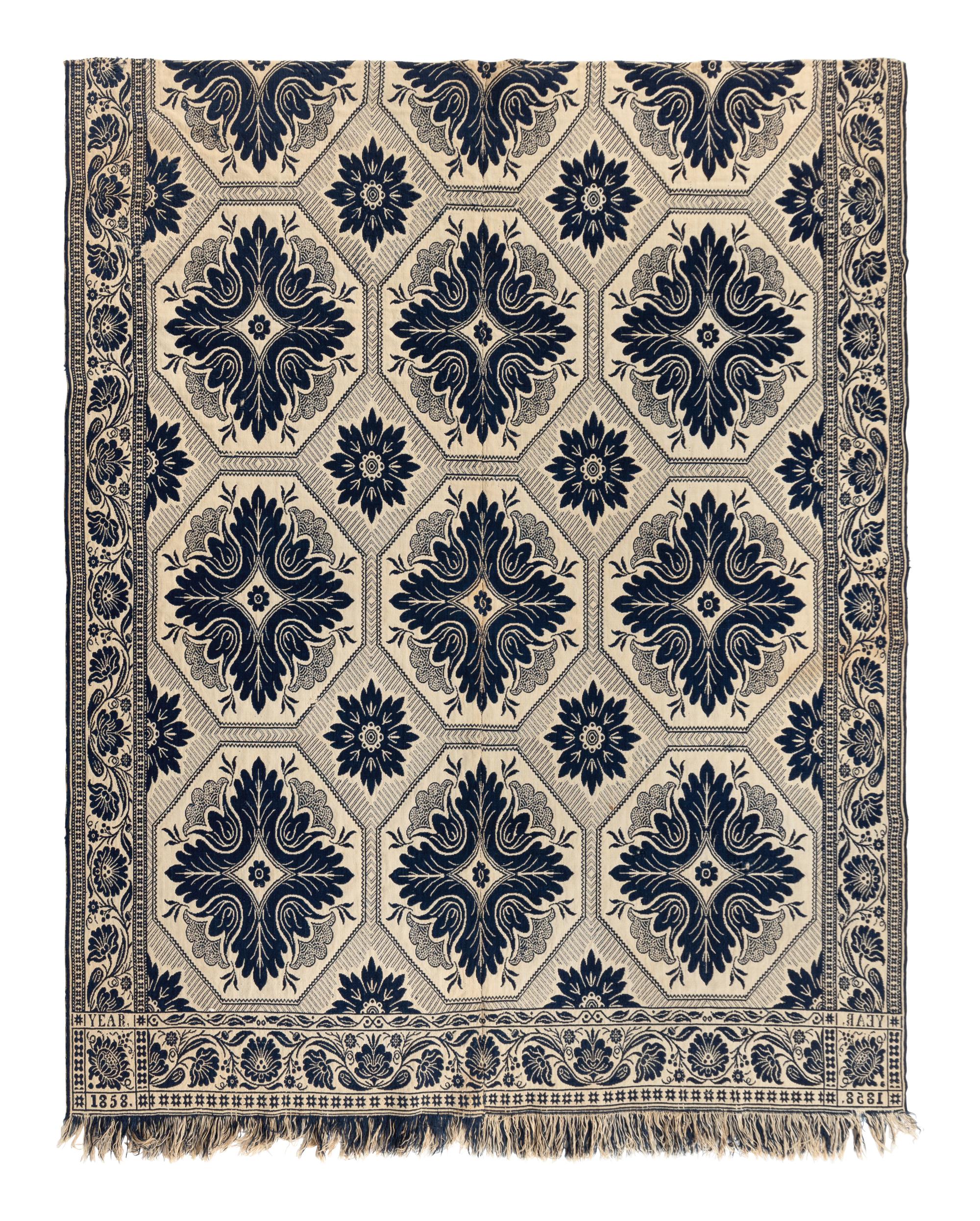 Two Jacquard Woven Cotton and Wool Coverlets